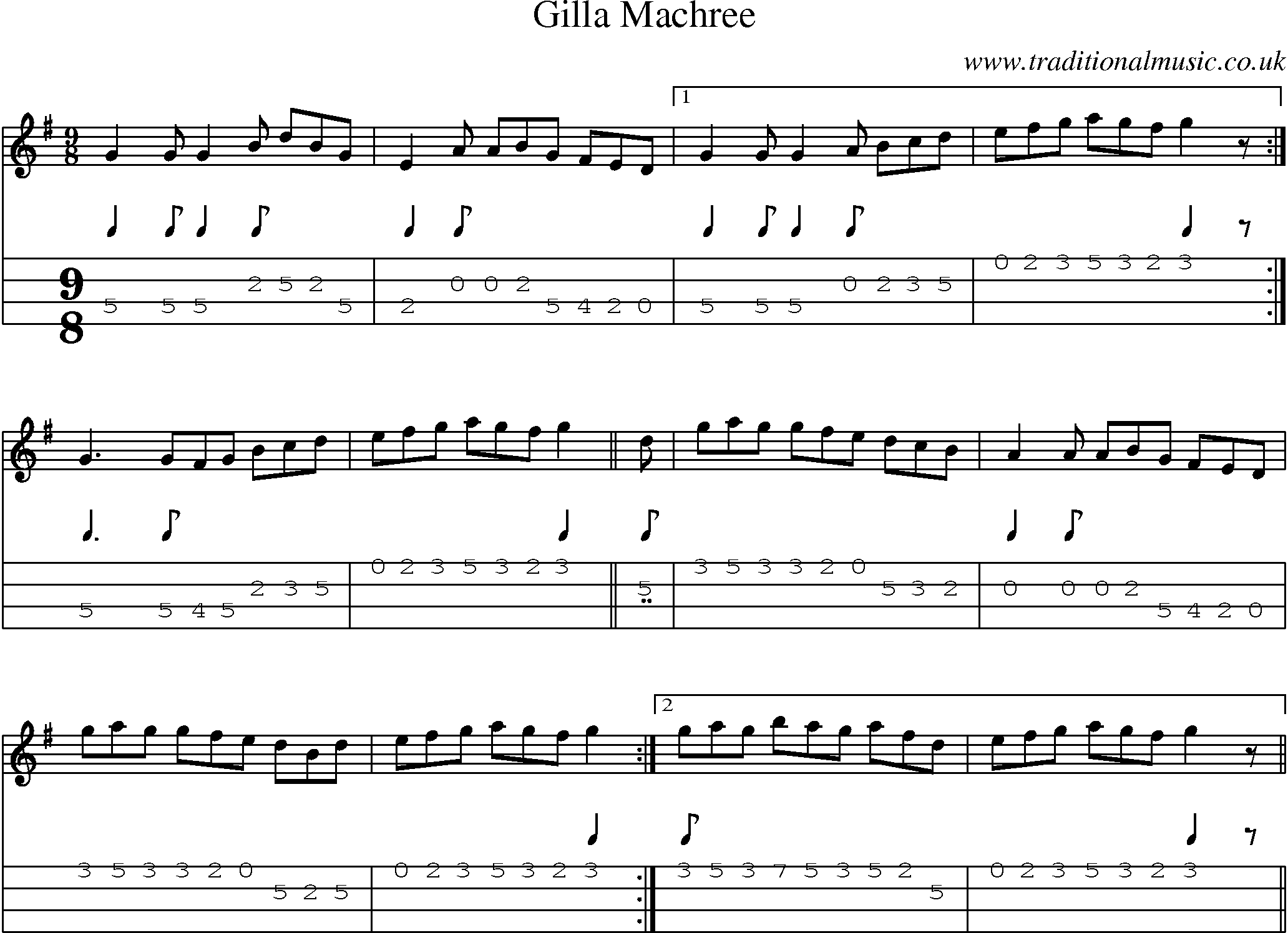 Music Score and Mandolin Tabs for Gilla Machree