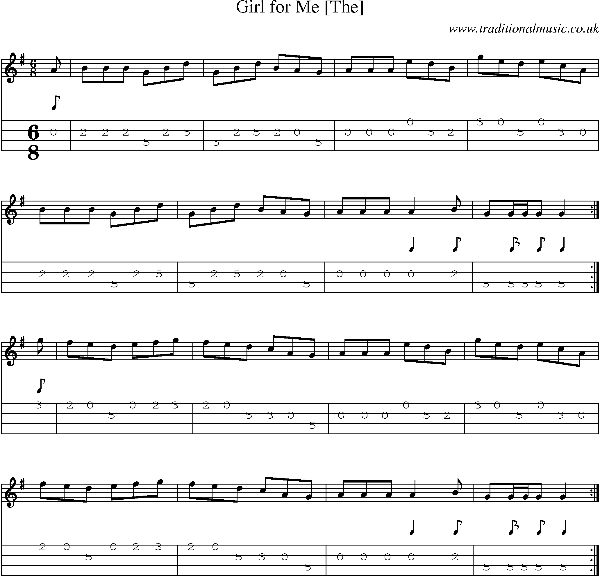 Music Score and Mandolin Tabs for Girl For Me