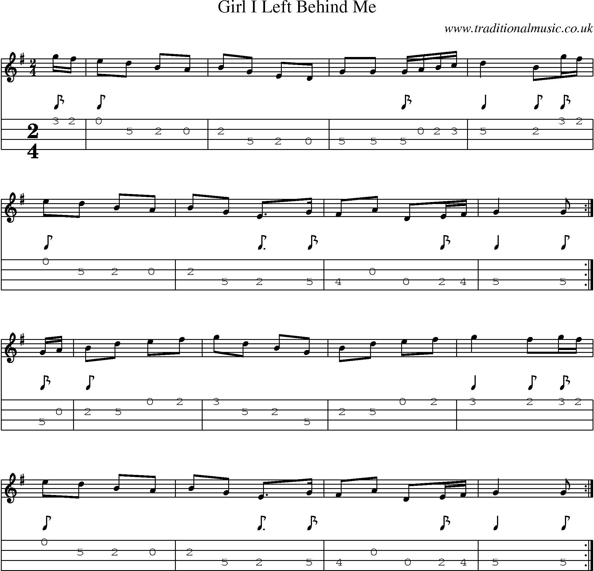 Music Score and Mandolin Tabs for Girl I Left Behind Me 1