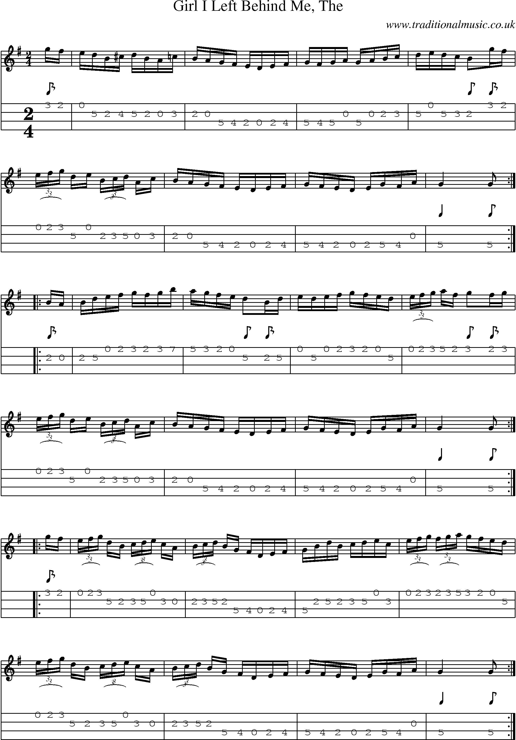 Music Score and Mandolin Tabs for Girl I Left Behind Me 2