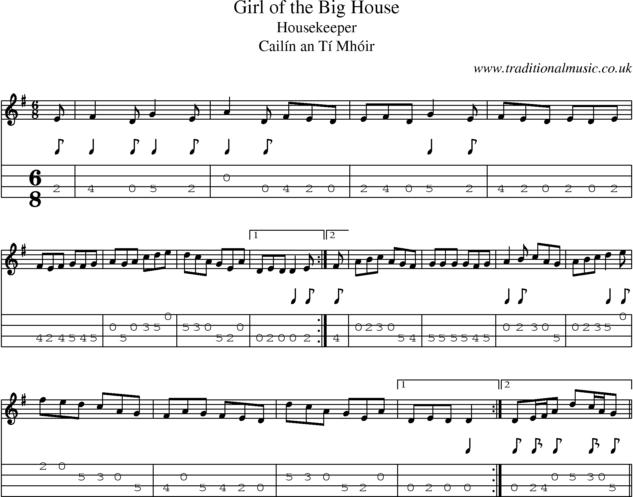 Music Score and Mandolin Tabs for Girl Of Big House