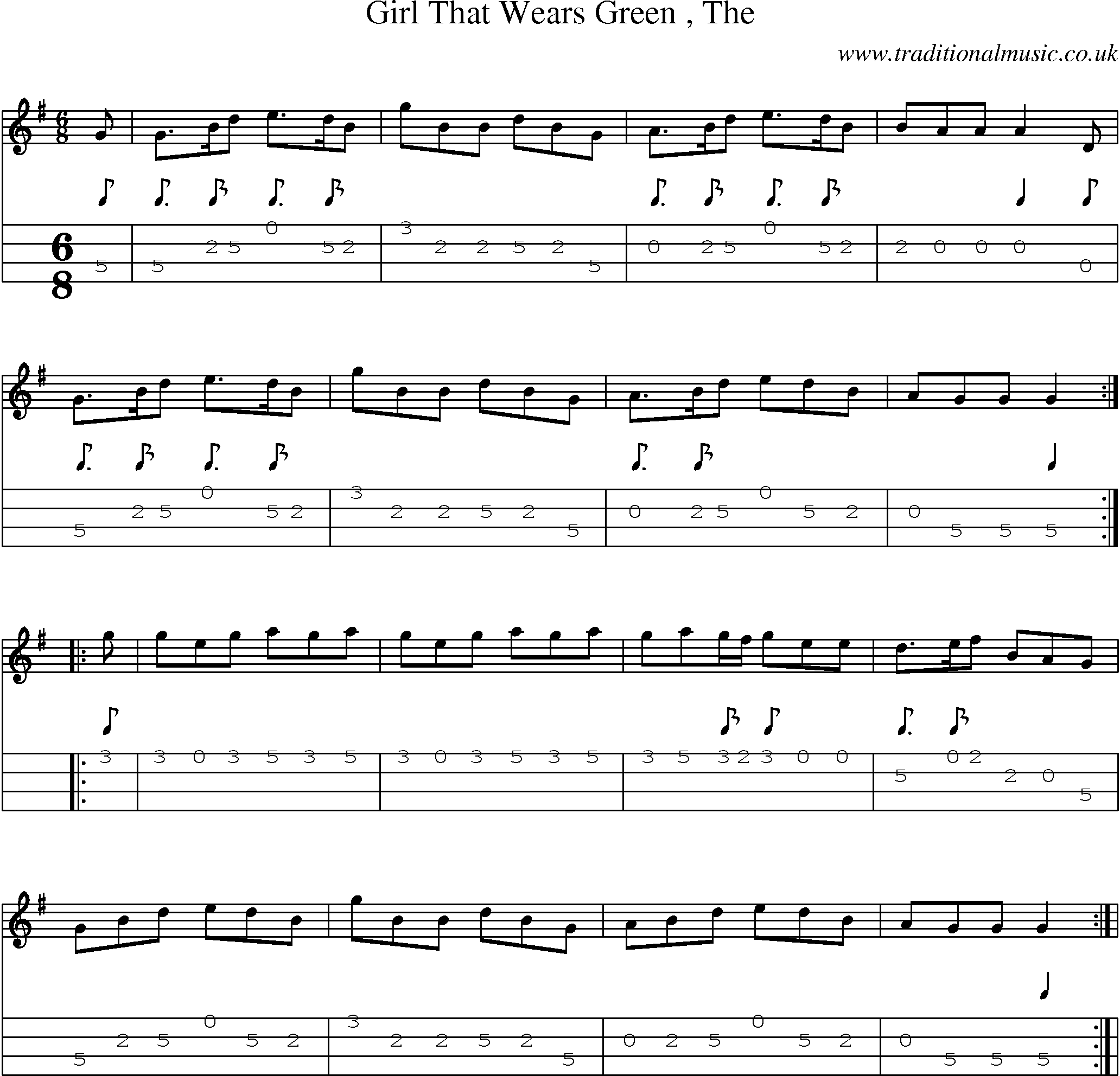 Music Score and Mandolin Tabs for Girl That Wears Green