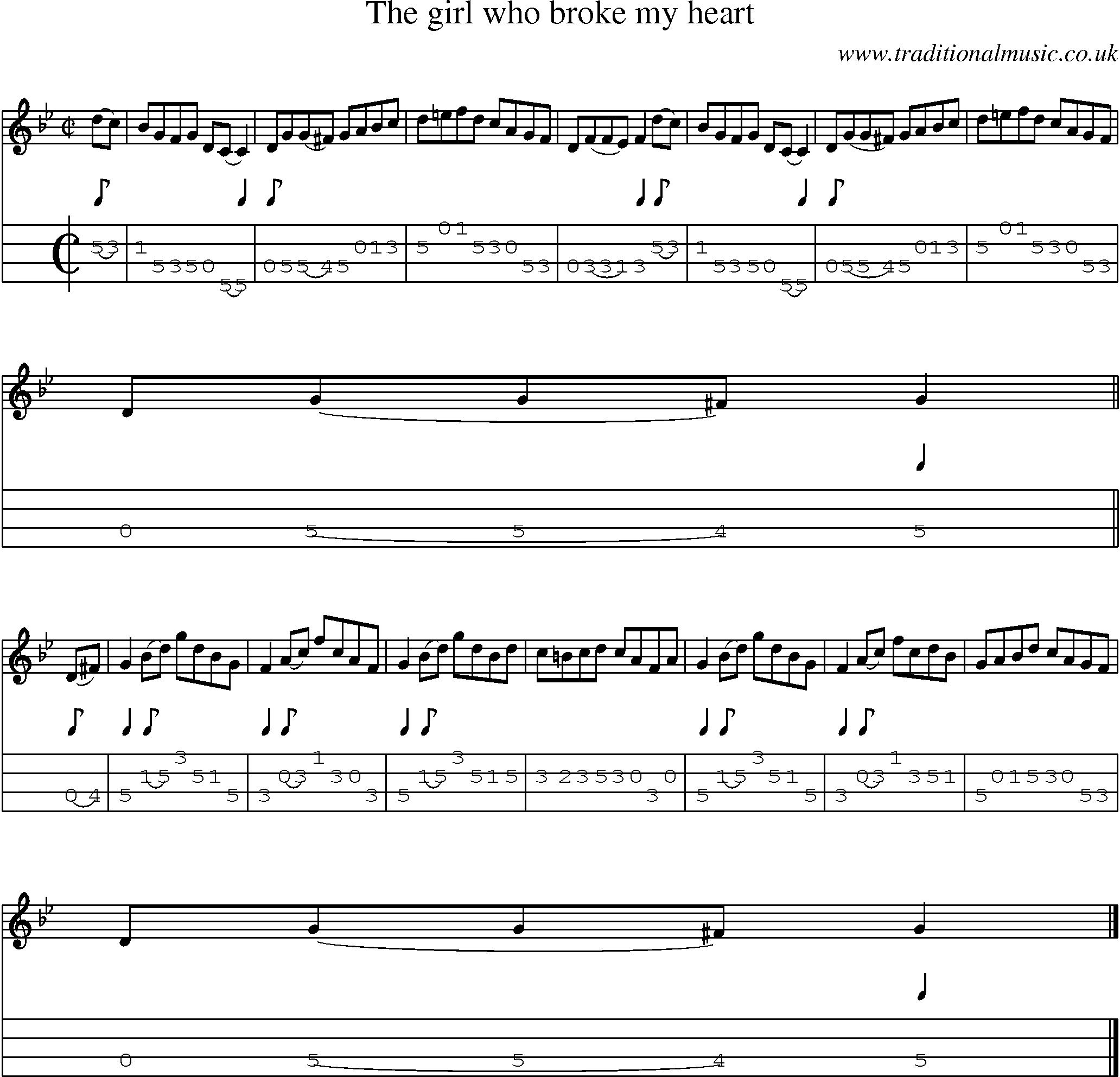 Music Score and Mandolin Tabs for Girl Who Broke My Heart