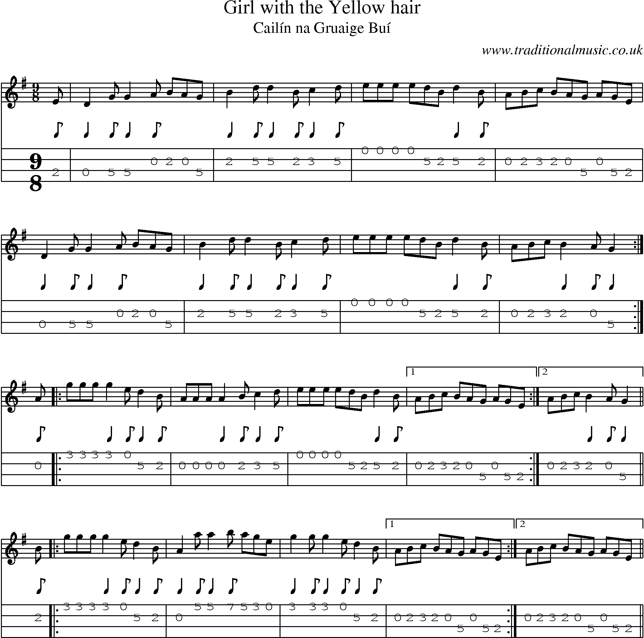 Music Score and Mandolin Tabs for Girl With Yellow Hair