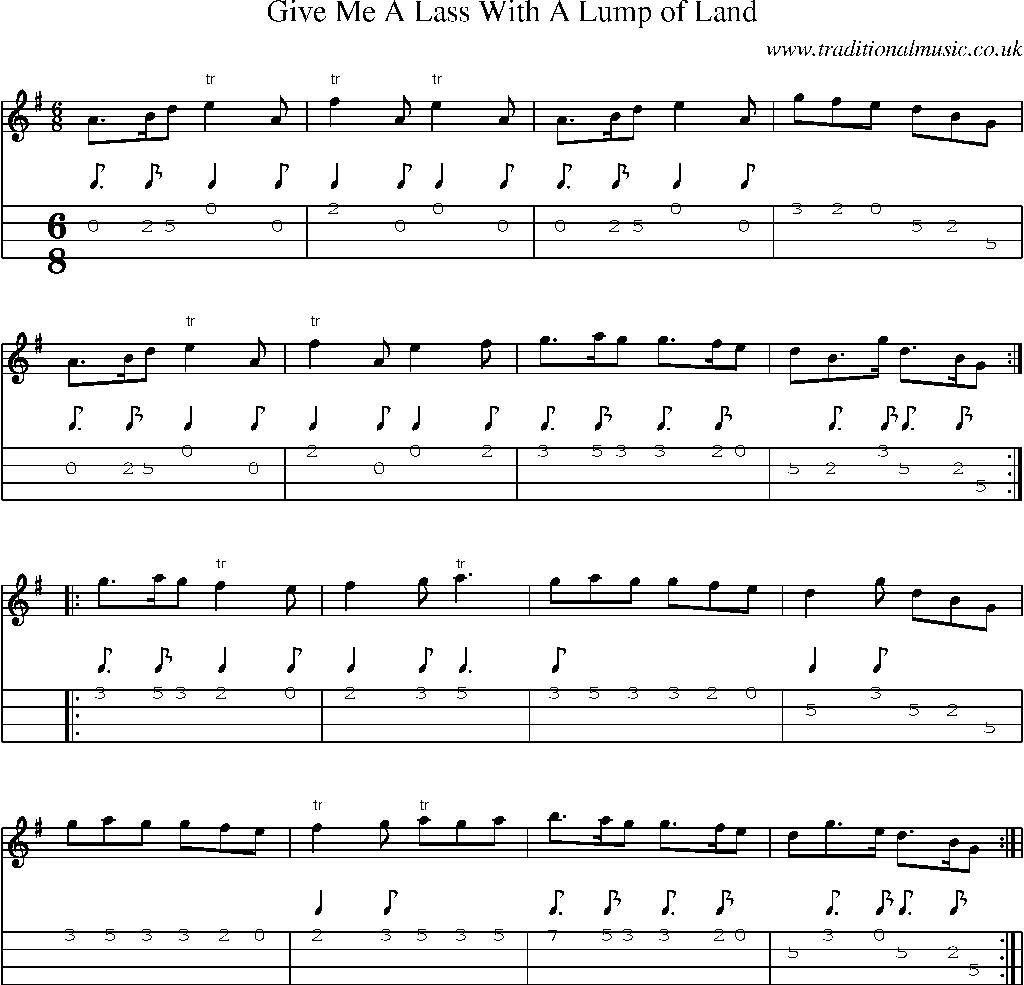 Music Score and Mandolin Tabs for Give Me A Lass With A Lump Of Land
