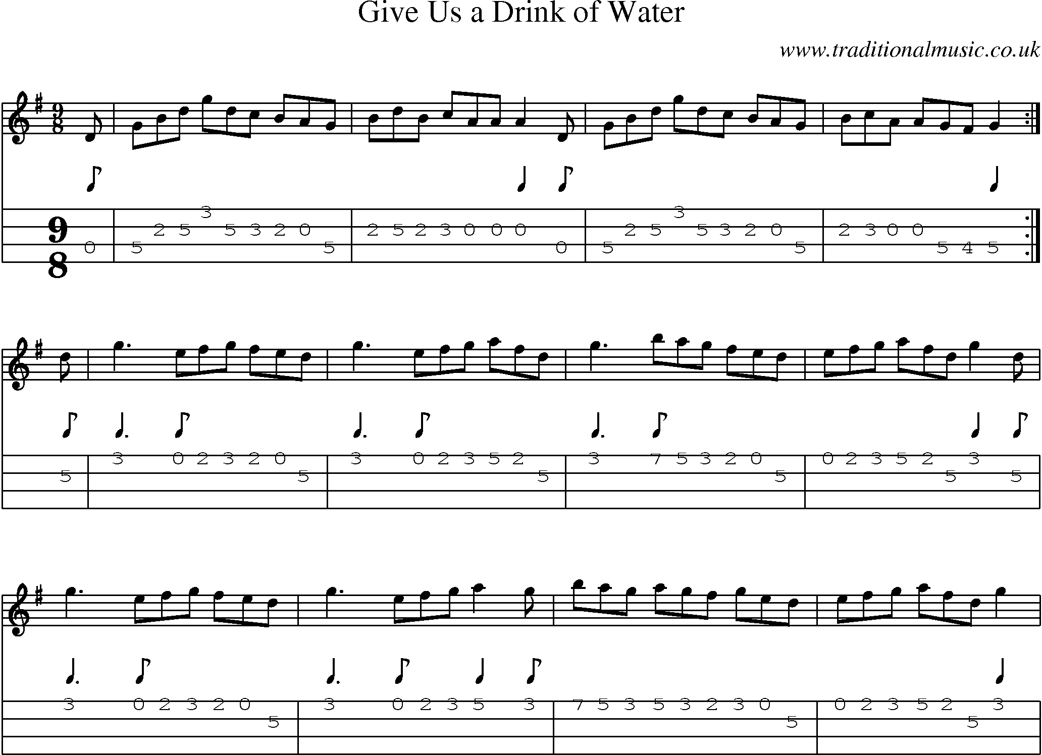 Music Score and Mandolin Tabs for Give Us A Drink Of Water