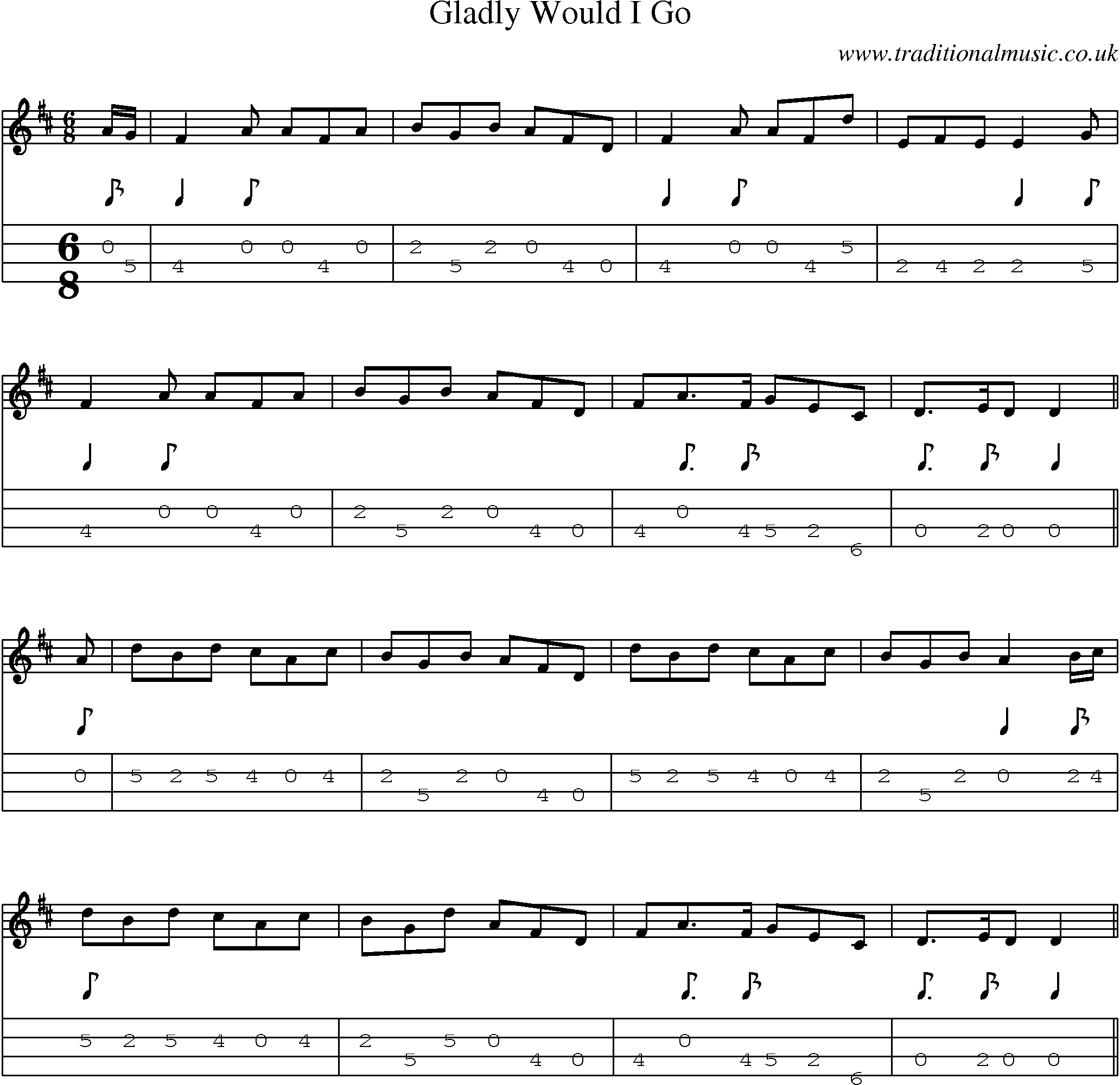 Music Score and Mandolin Tabs for Gladly Would I Go