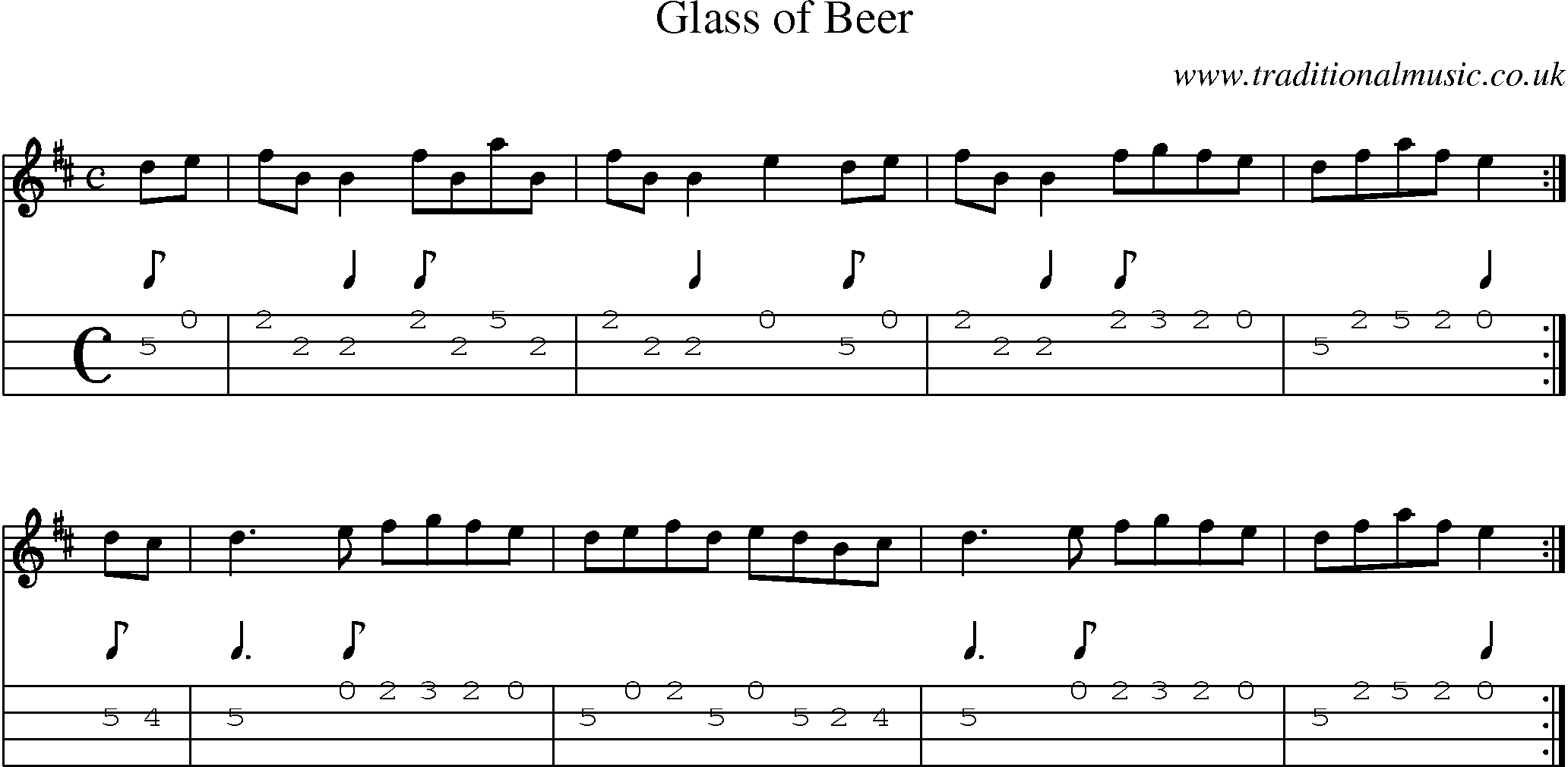 Music Score and Mandolin Tabs for Glass Of Beer
