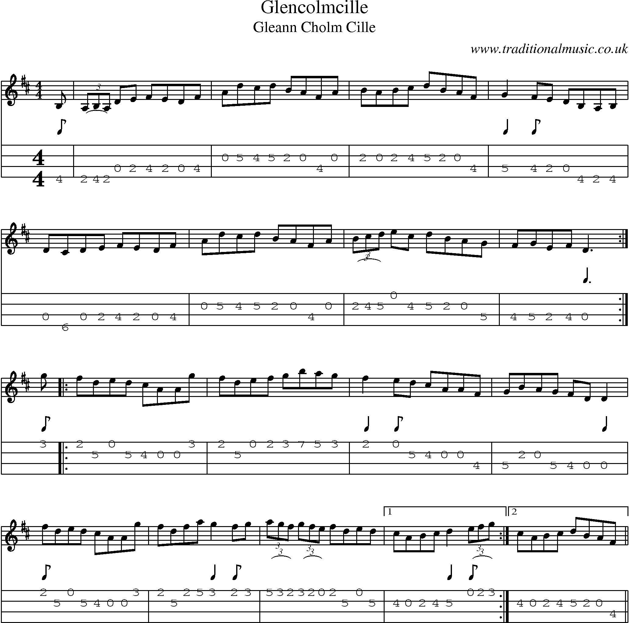 Music Score and Mandolin Tabs for Glencolmcille