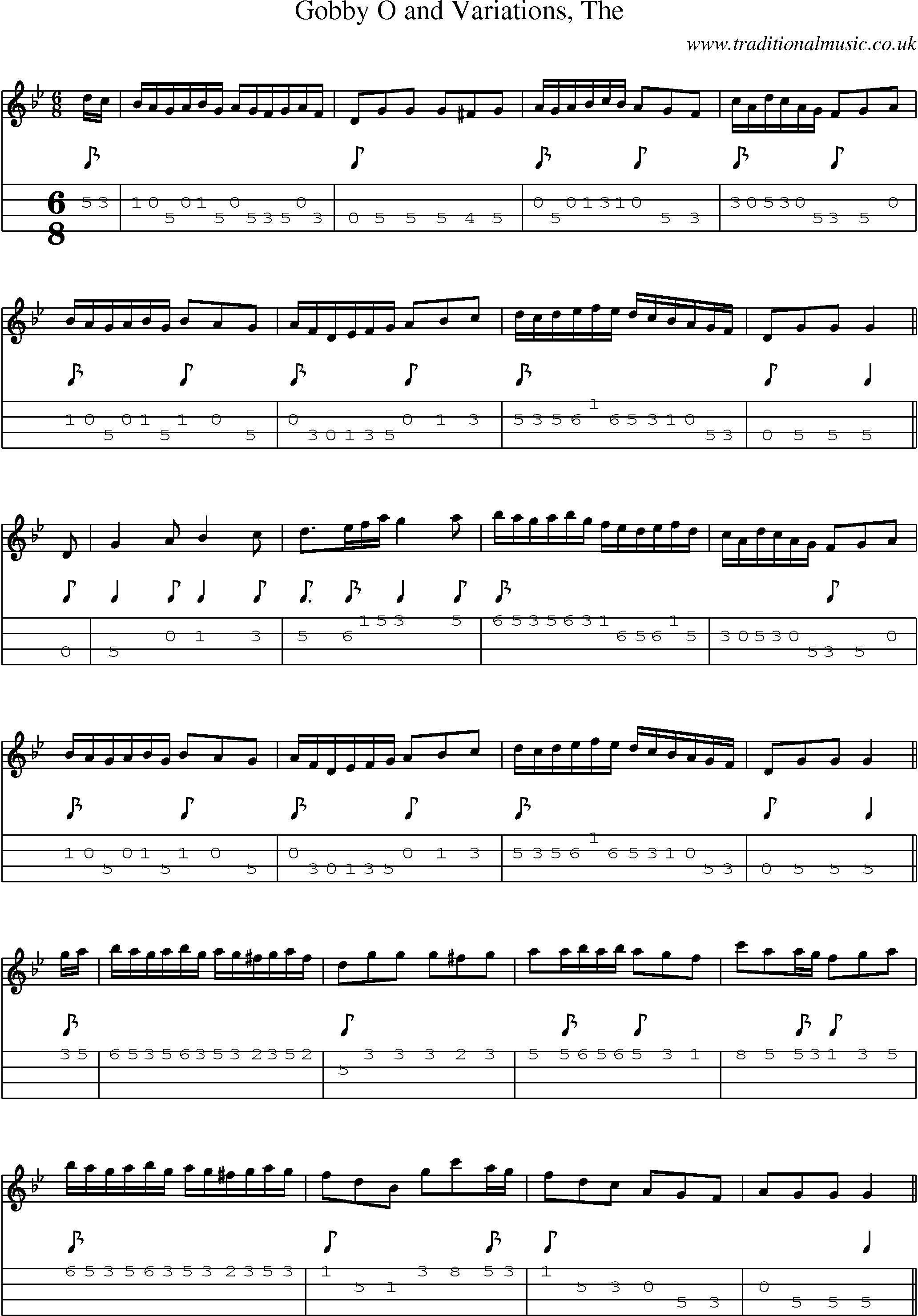 Music Score and Mandolin Tabs for Gobby O And Variations