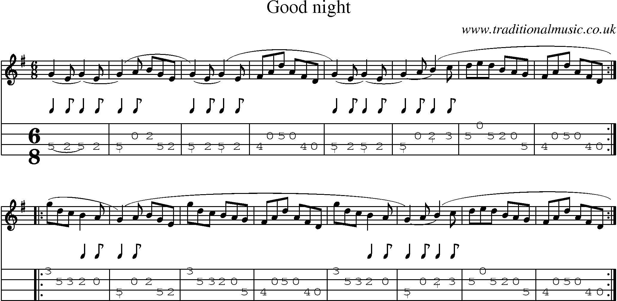 Music Score and Mandolin Tabs for Good Night