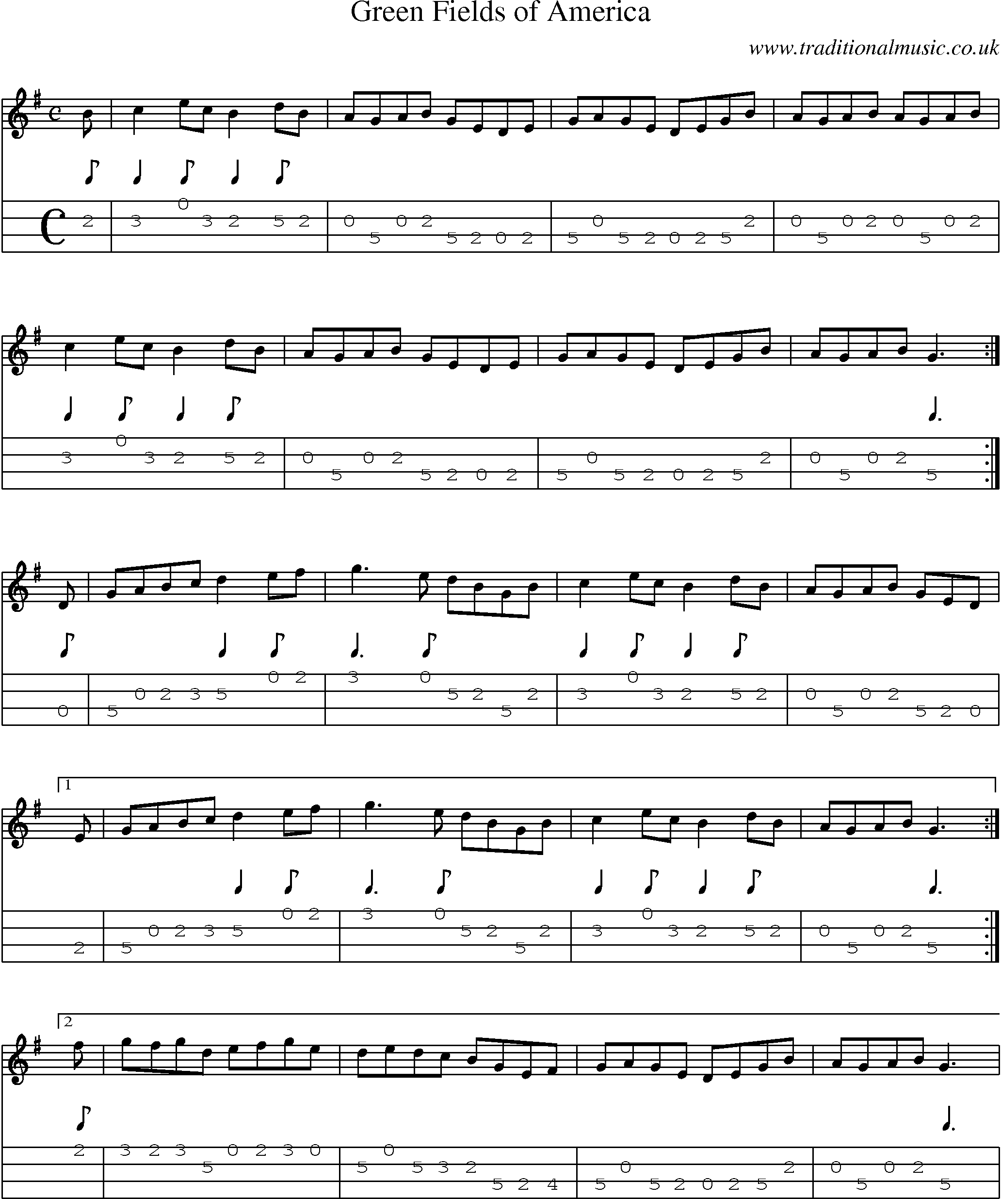 Music Score and Mandolin Tabs for Green Fields Of America