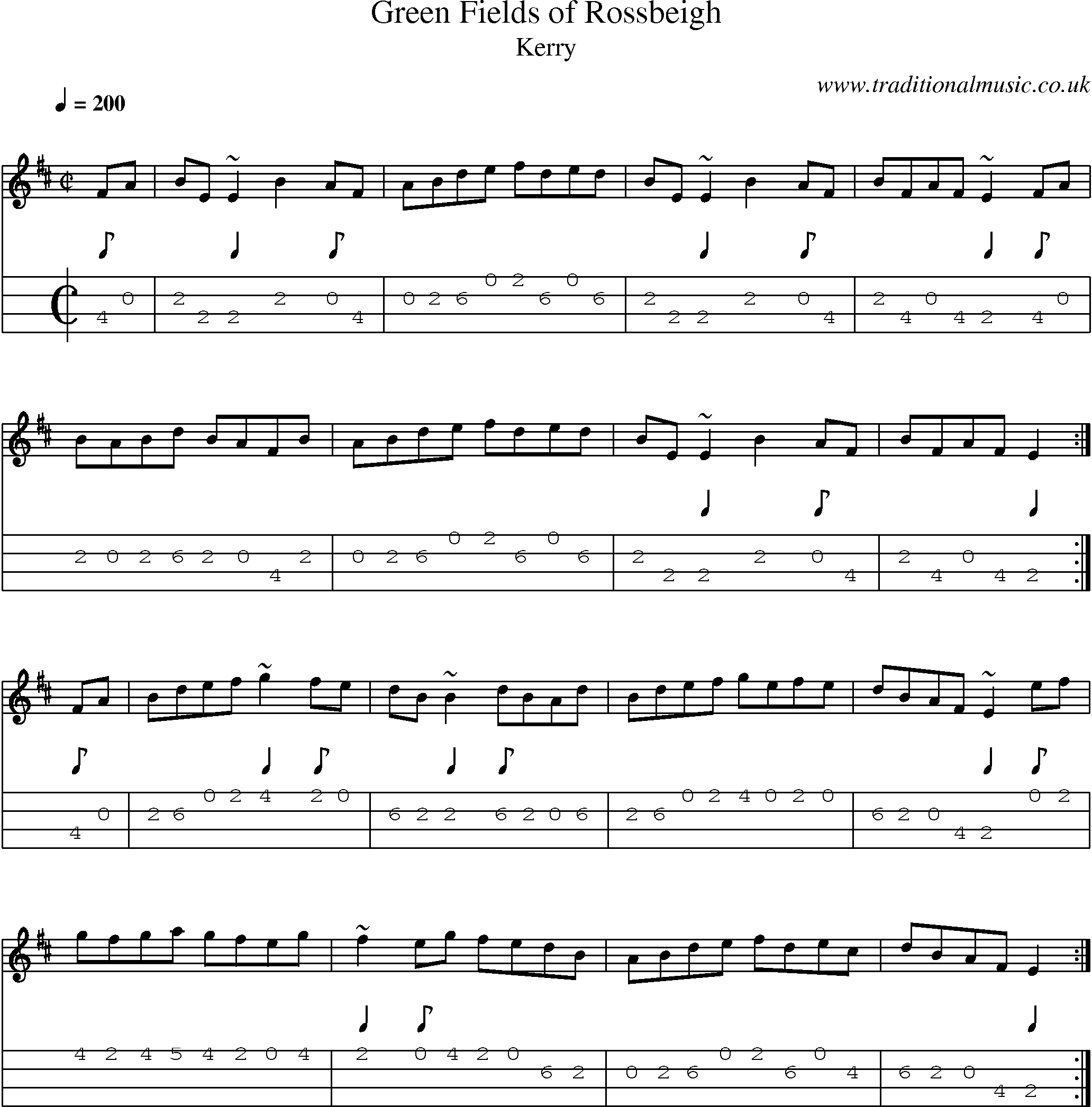 Music Score and Mandolin Tabs for Green Fields Of Rossbeigh