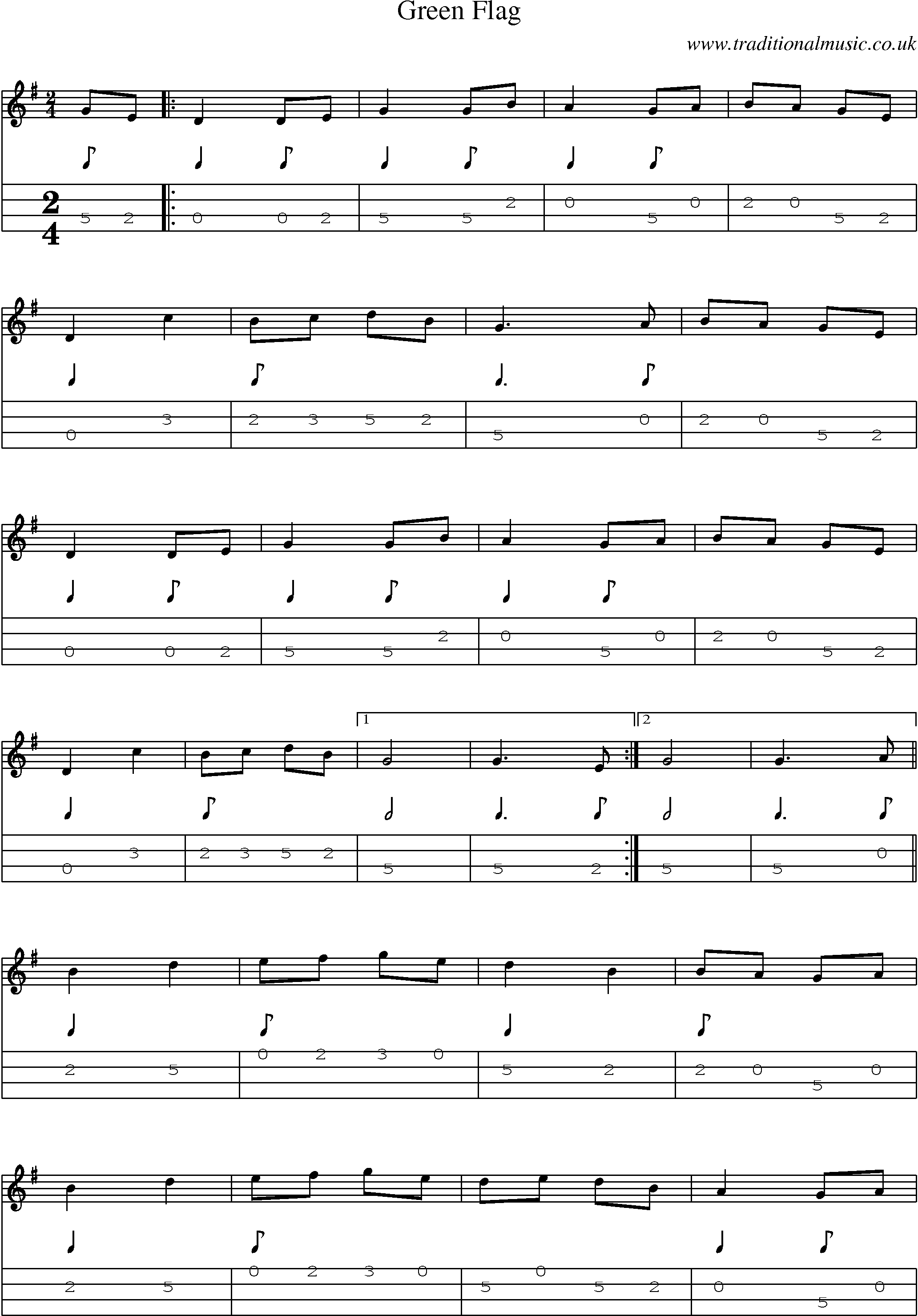 Music Score and Mandolin Tabs for Green Flag