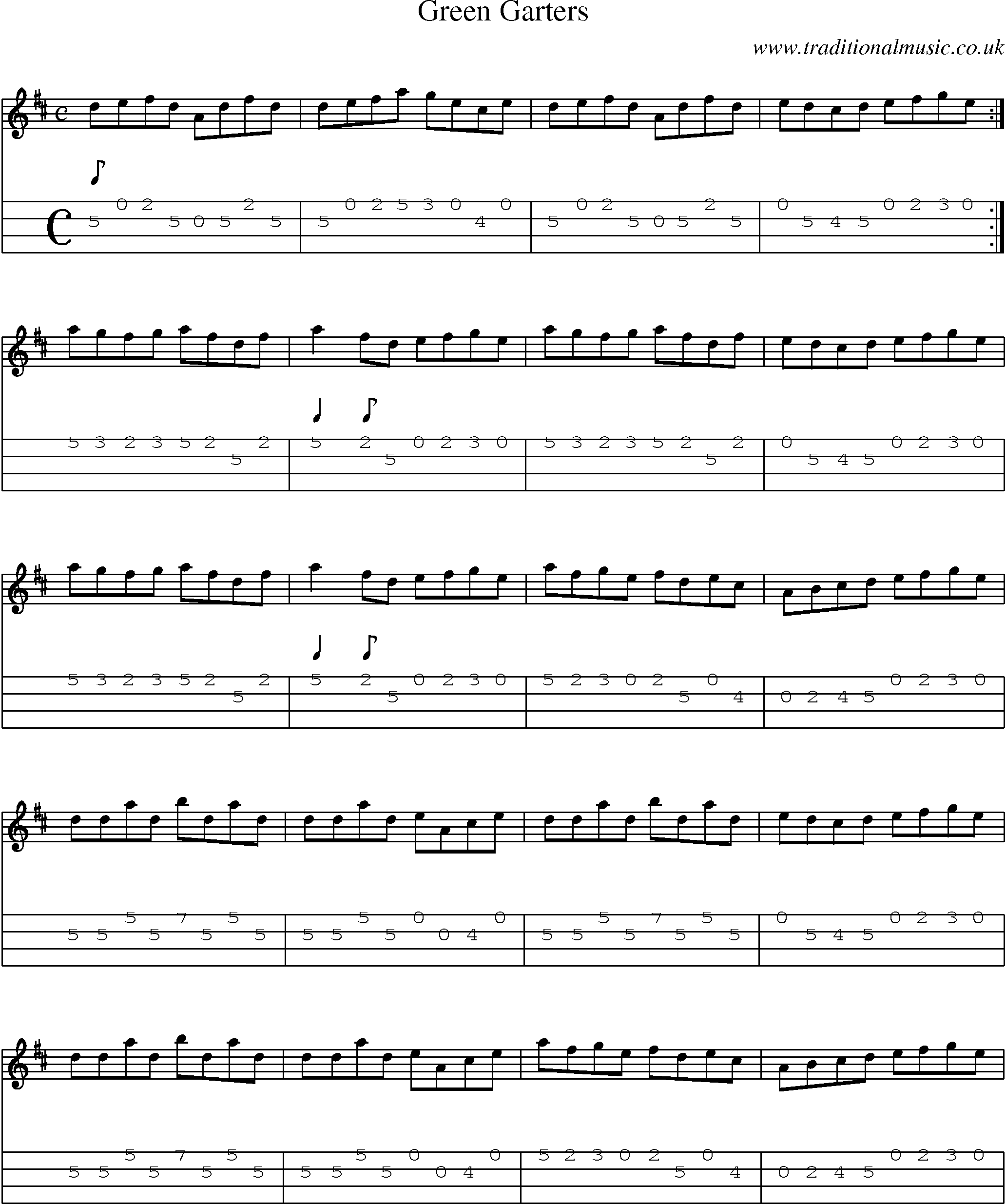 Music Score and Mandolin Tabs for Green Garters