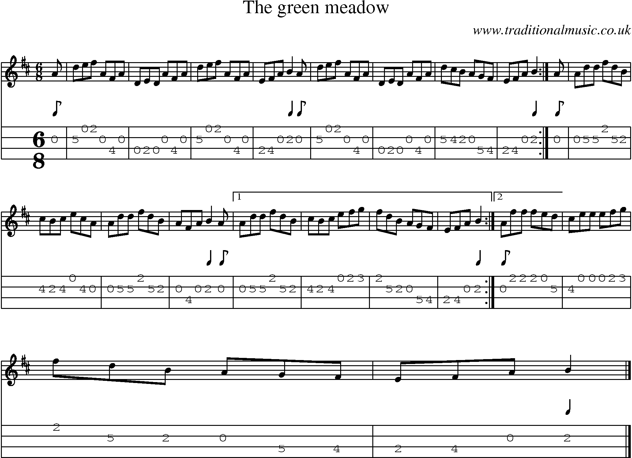 Music Score and Mandolin Tabs for Green Meadow