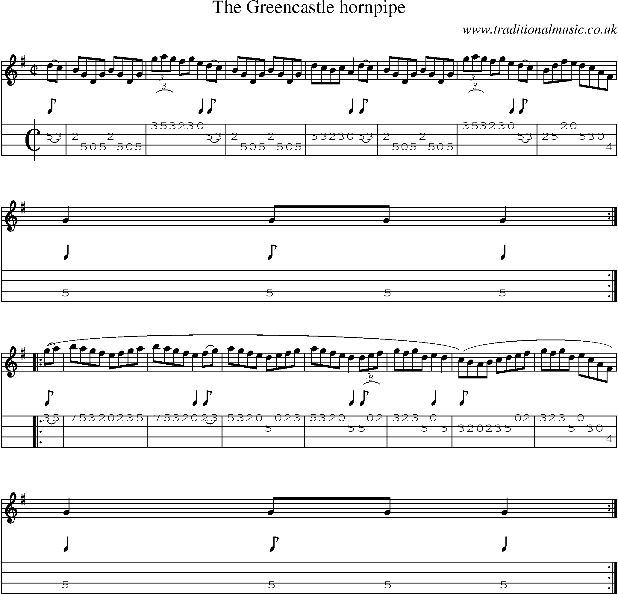 Music Score and Mandolin Tabs for Greencastle Hornpipe