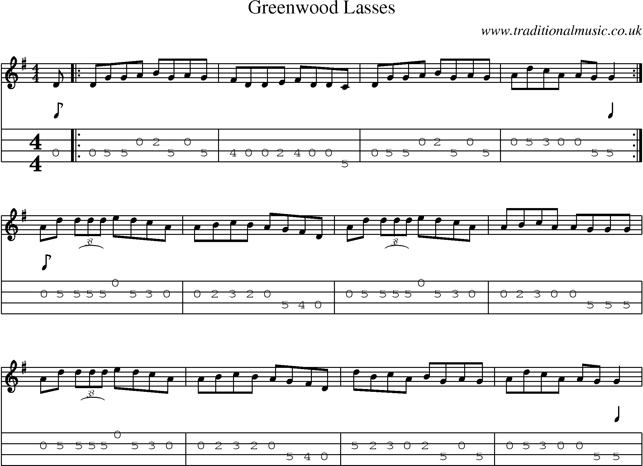 Music Score and Mandolin Tabs for Greenwood Lasses