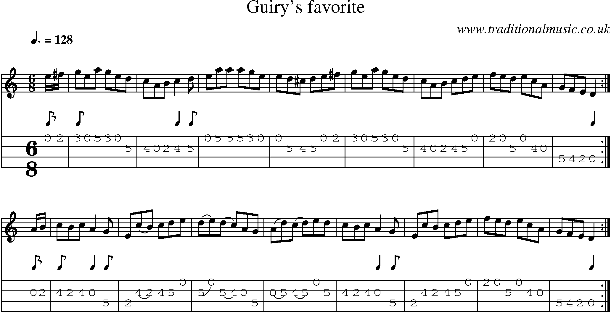 Music Score and Mandolin Tabs for Guirys Favorite