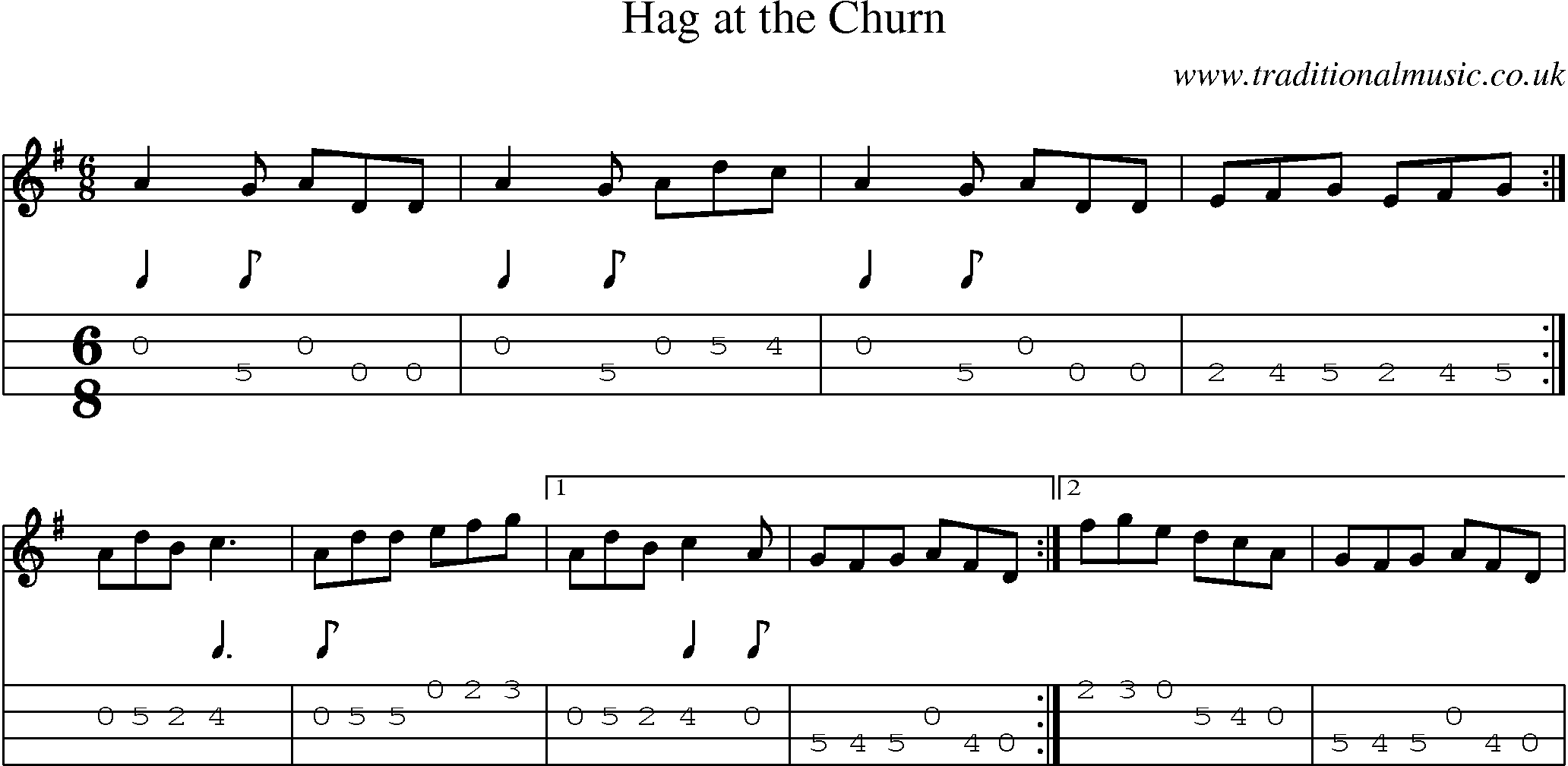 Music Score and Mandolin Tabs for Hag At Churn
