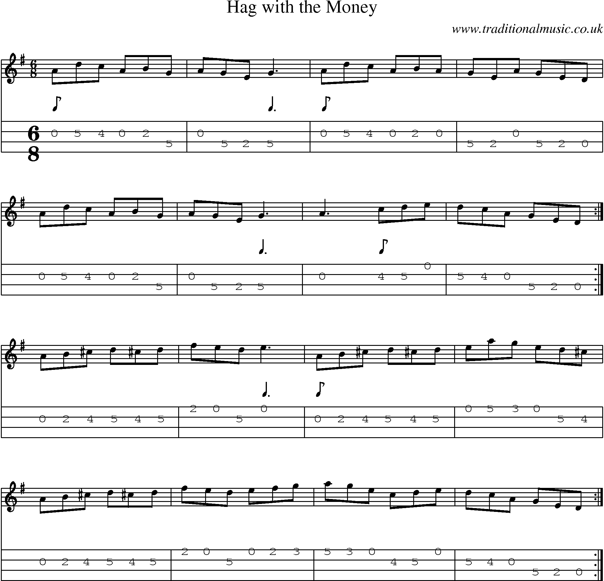 Music Score and Mandolin Tabs for Hag With Money