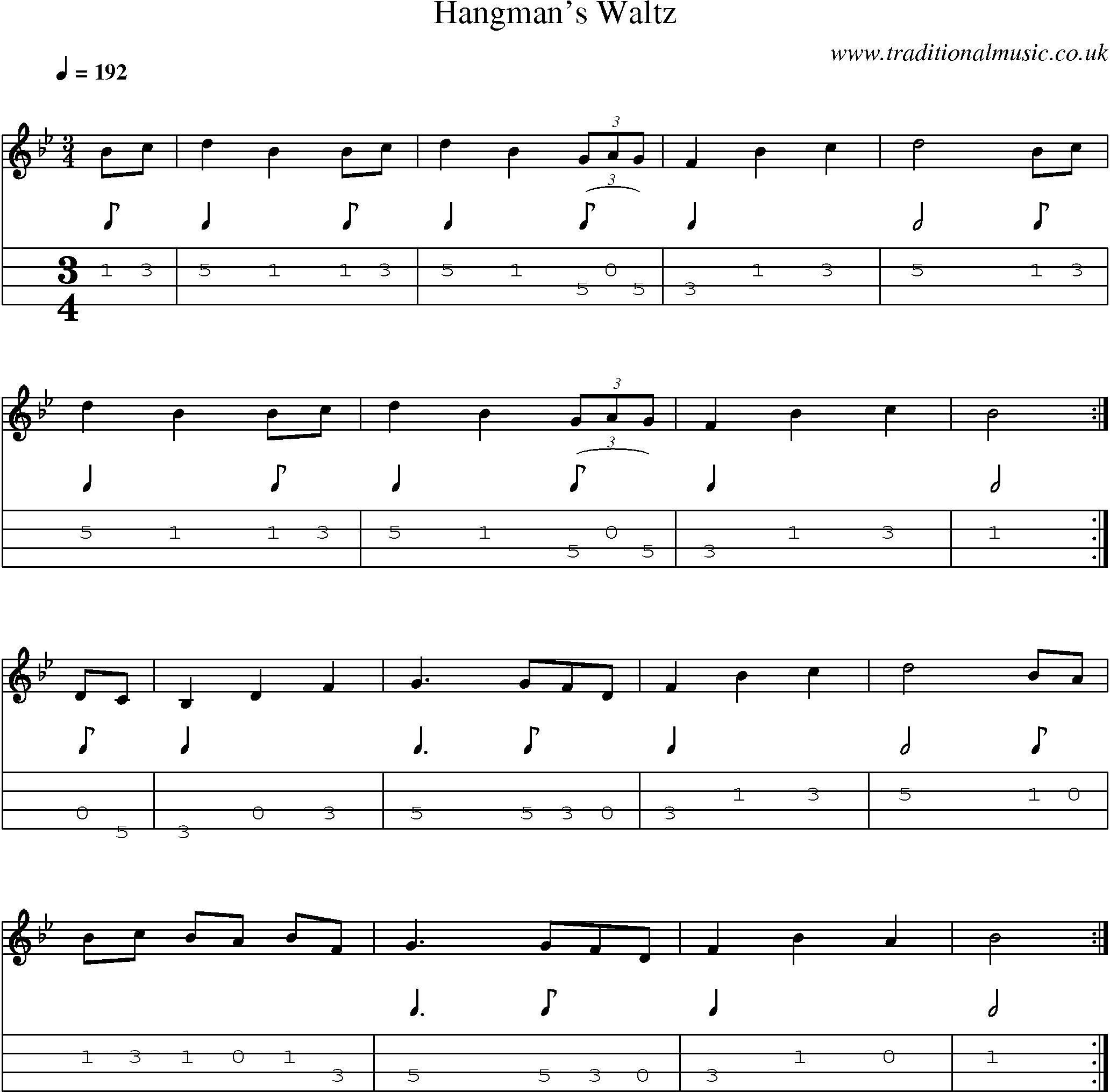Music Score and Mandolin Tabs for Hangmans Waltz