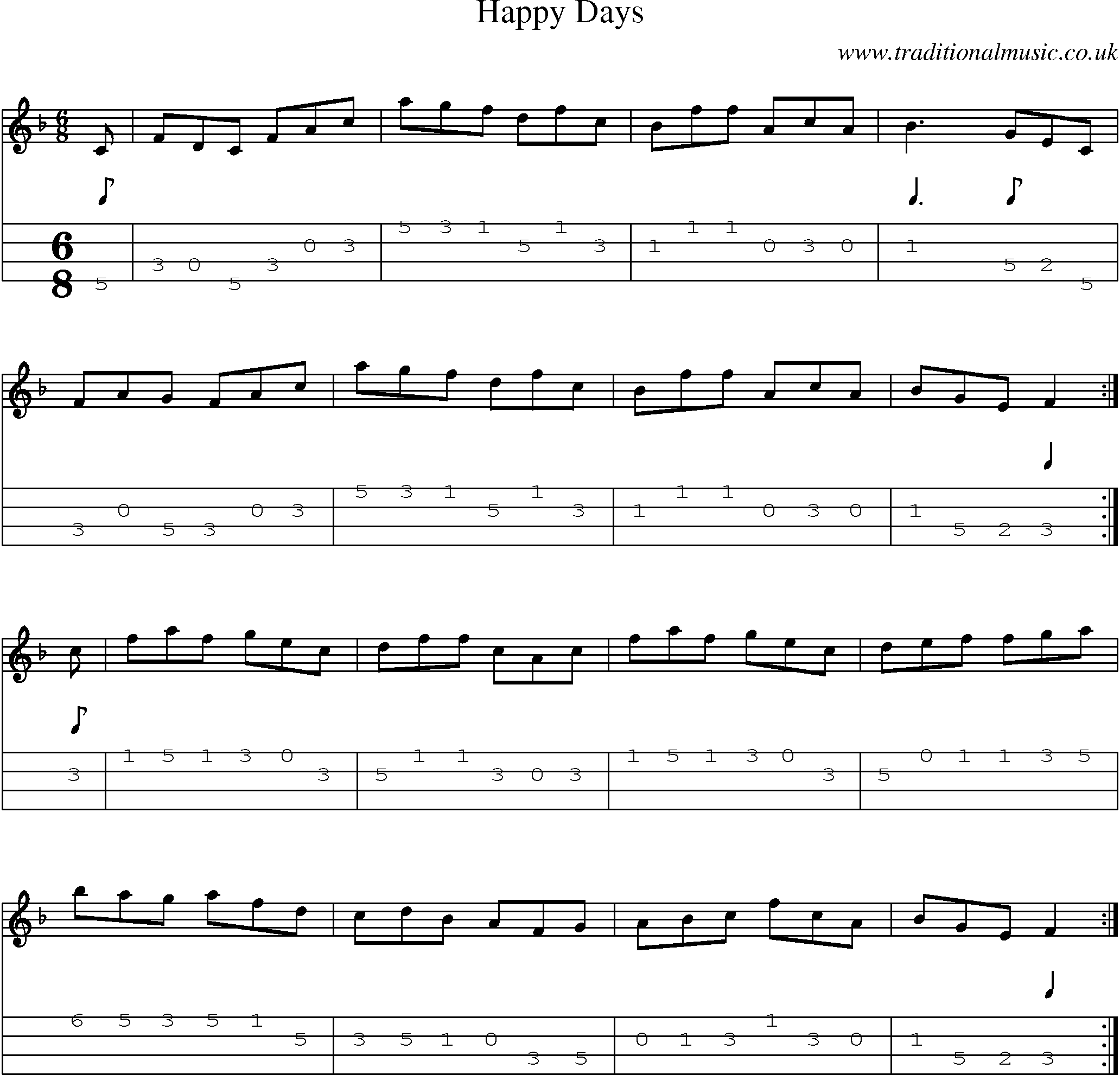 Music Score and Mandolin Tabs for Happy Days