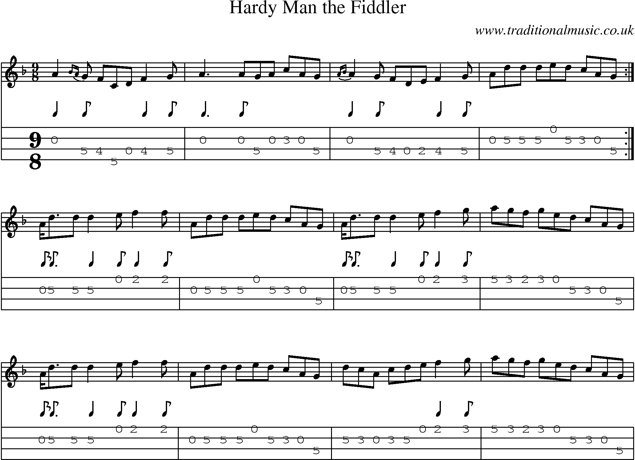 Music Score and Mandolin Tabs for Hardy Man Fiddler