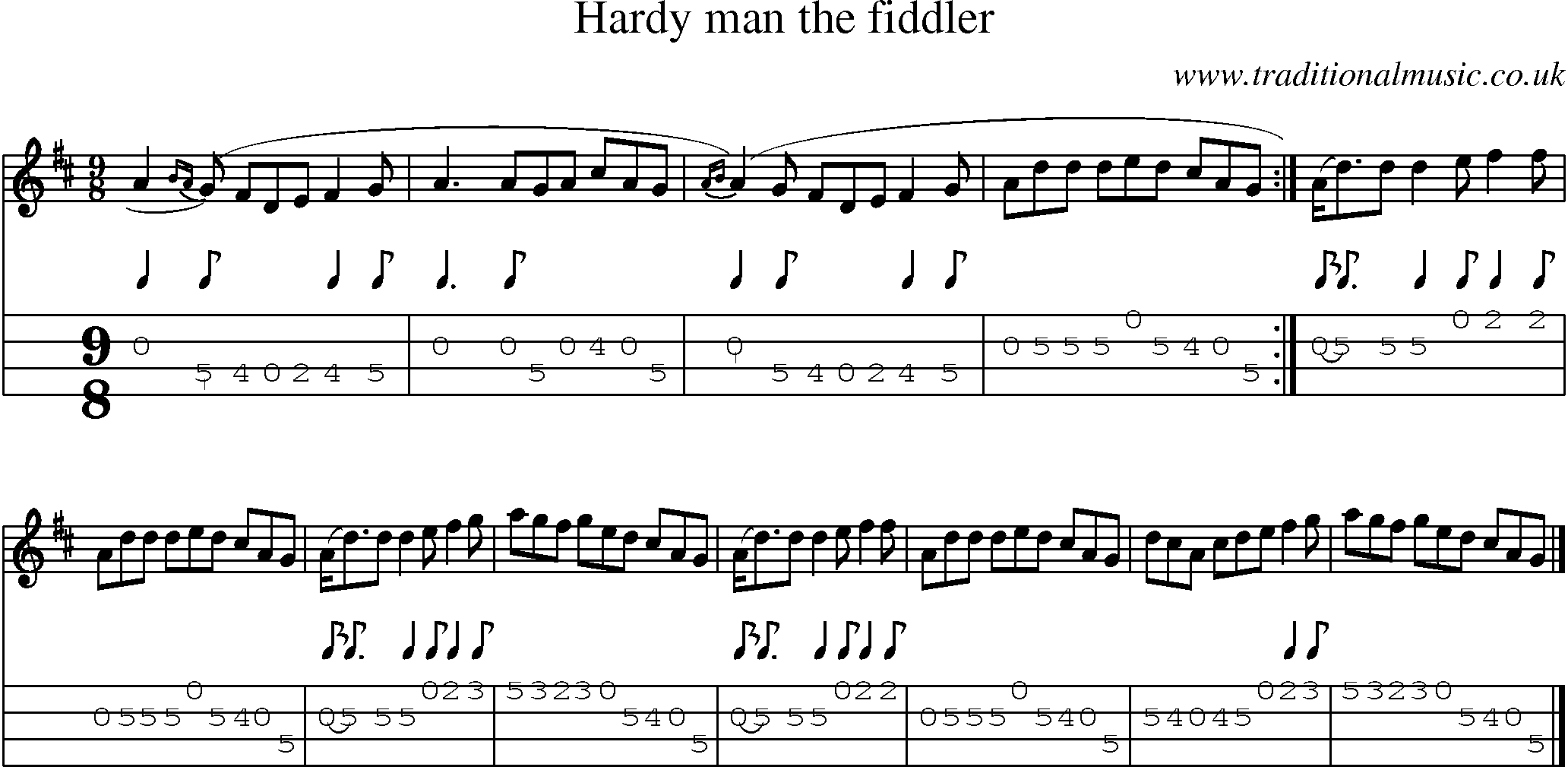 Music Score and Mandolin Tabs for Hardy Man The Fiddler