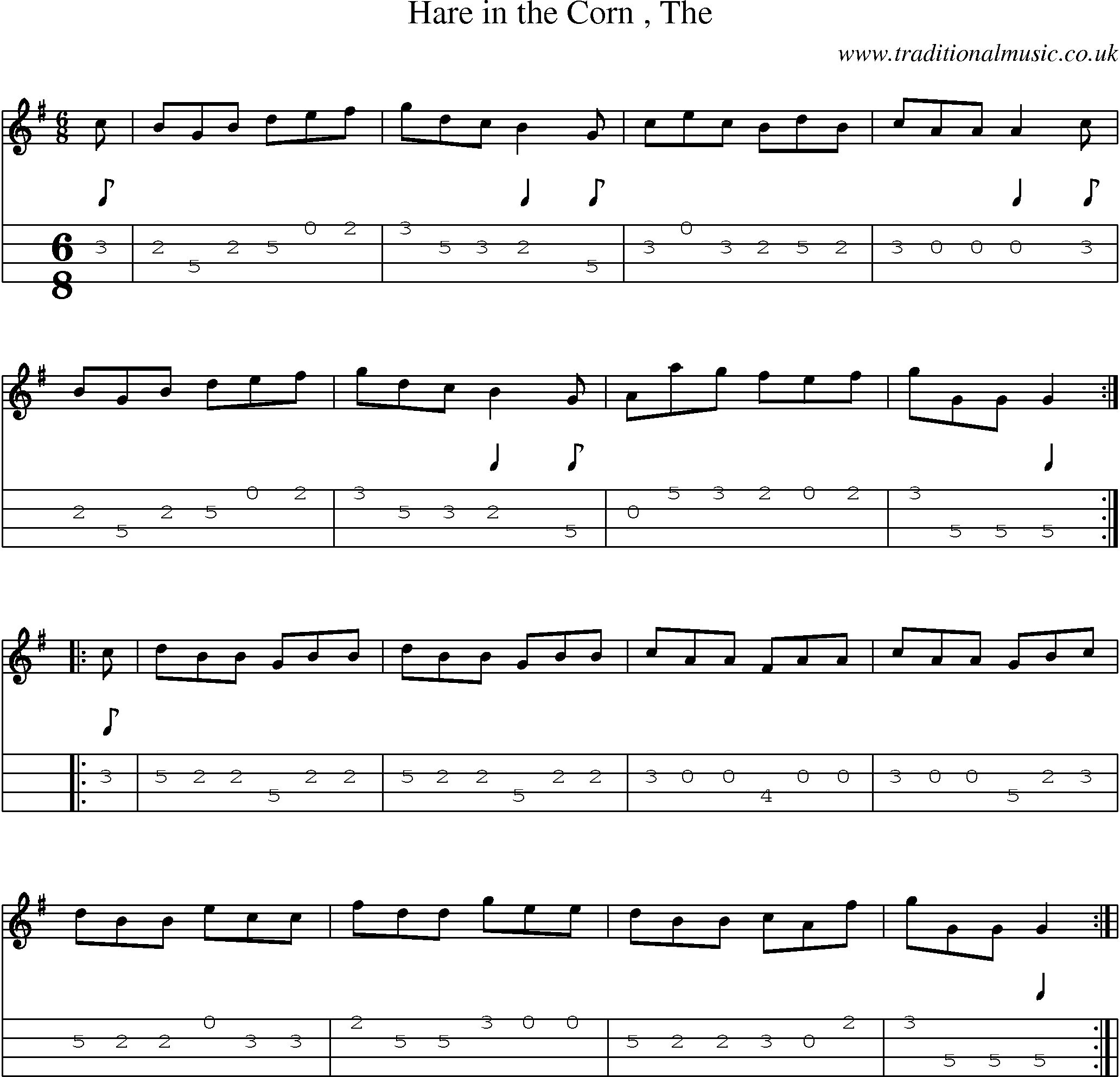Music Score and Mandolin Tabs for Hare in Corn 