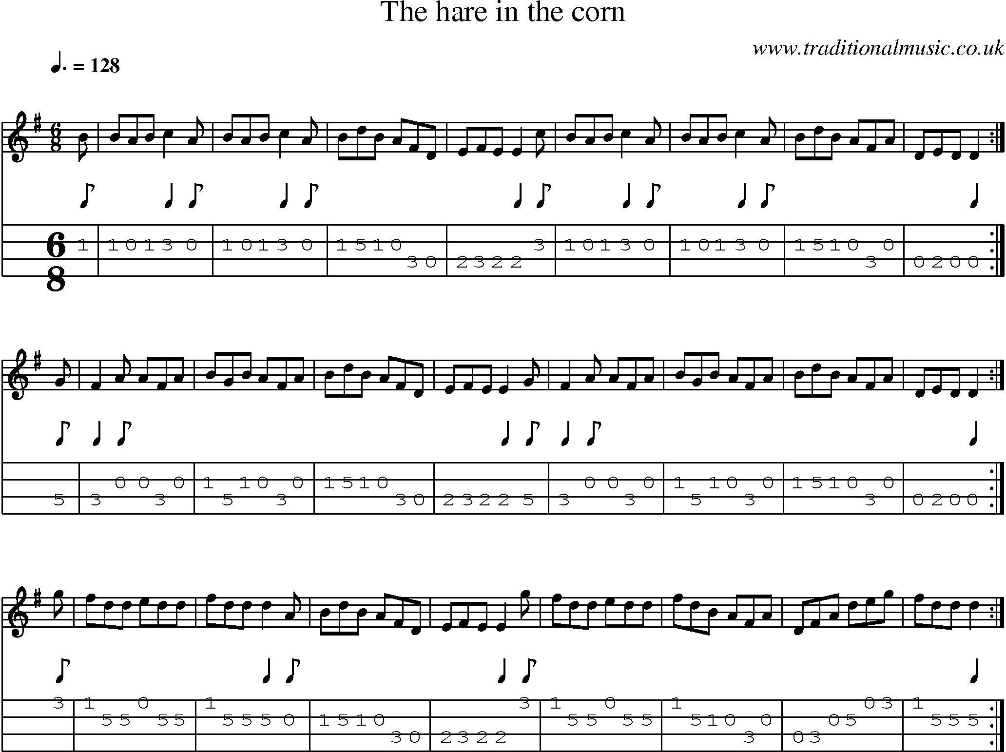 Music Score and Mandolin Tabs for Hare In The Corn