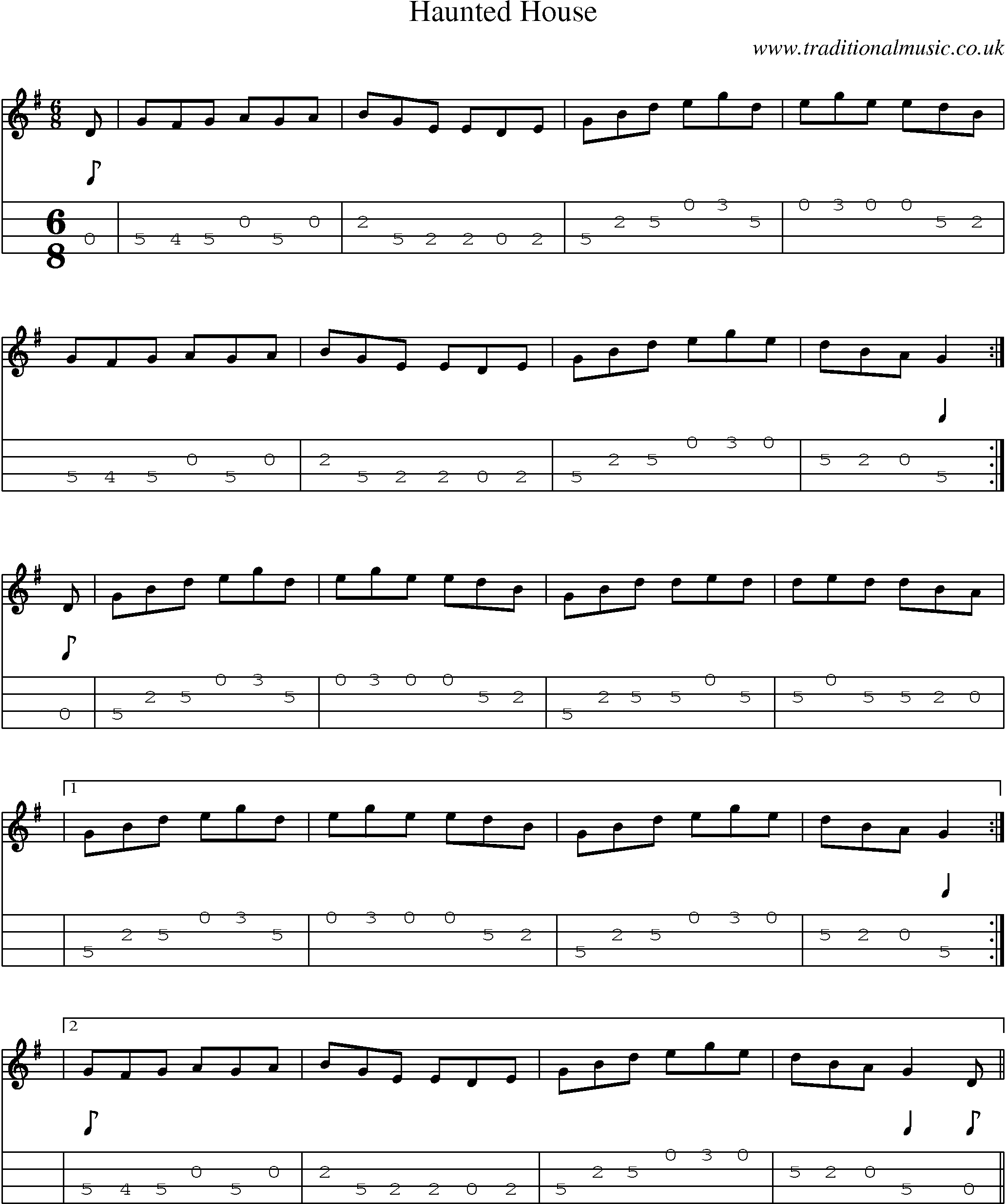 Music Score and Mandolin Tabs for Haunted House