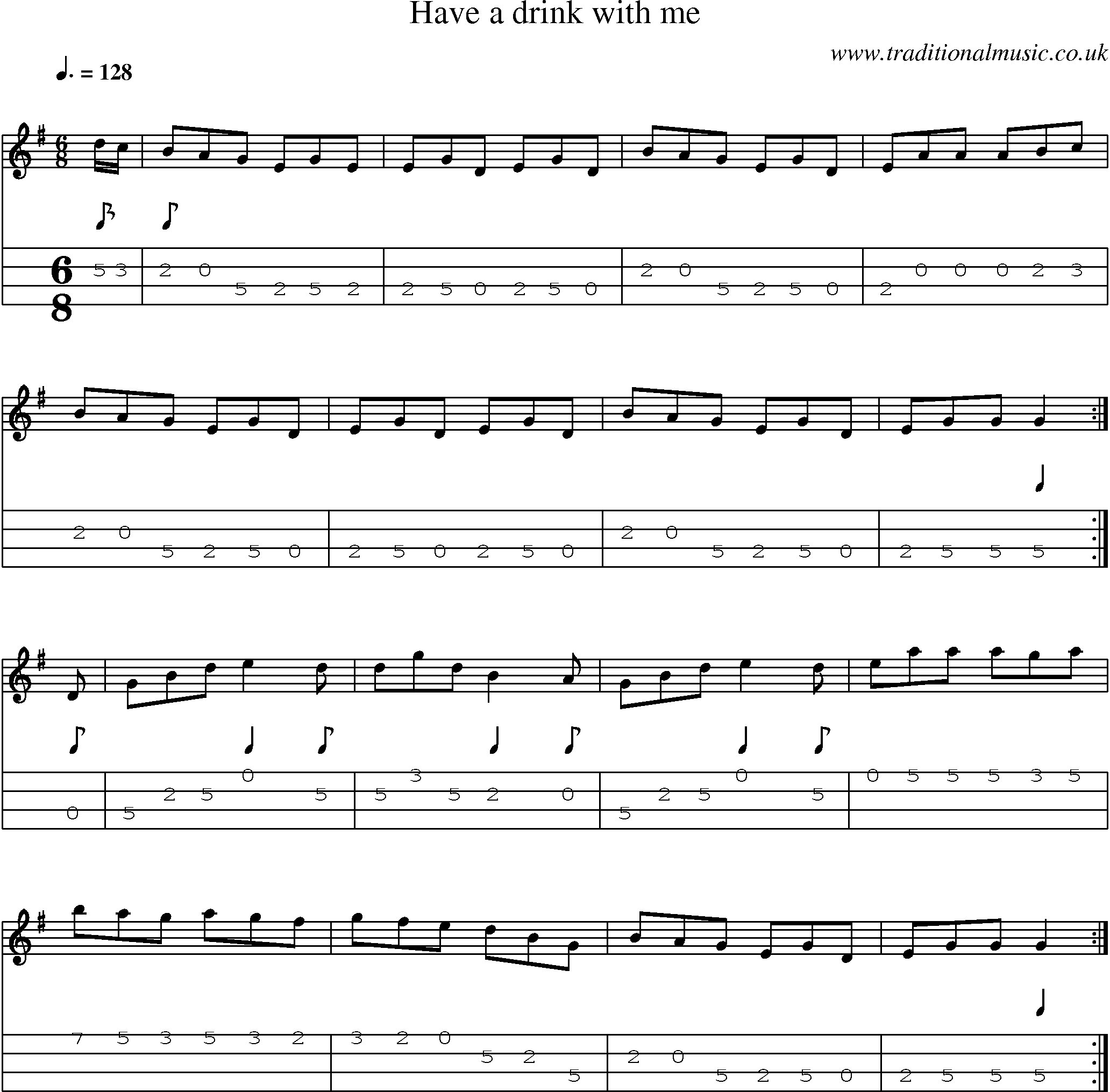 Music Score and Mandolin Tabs for Have A Drink With Me