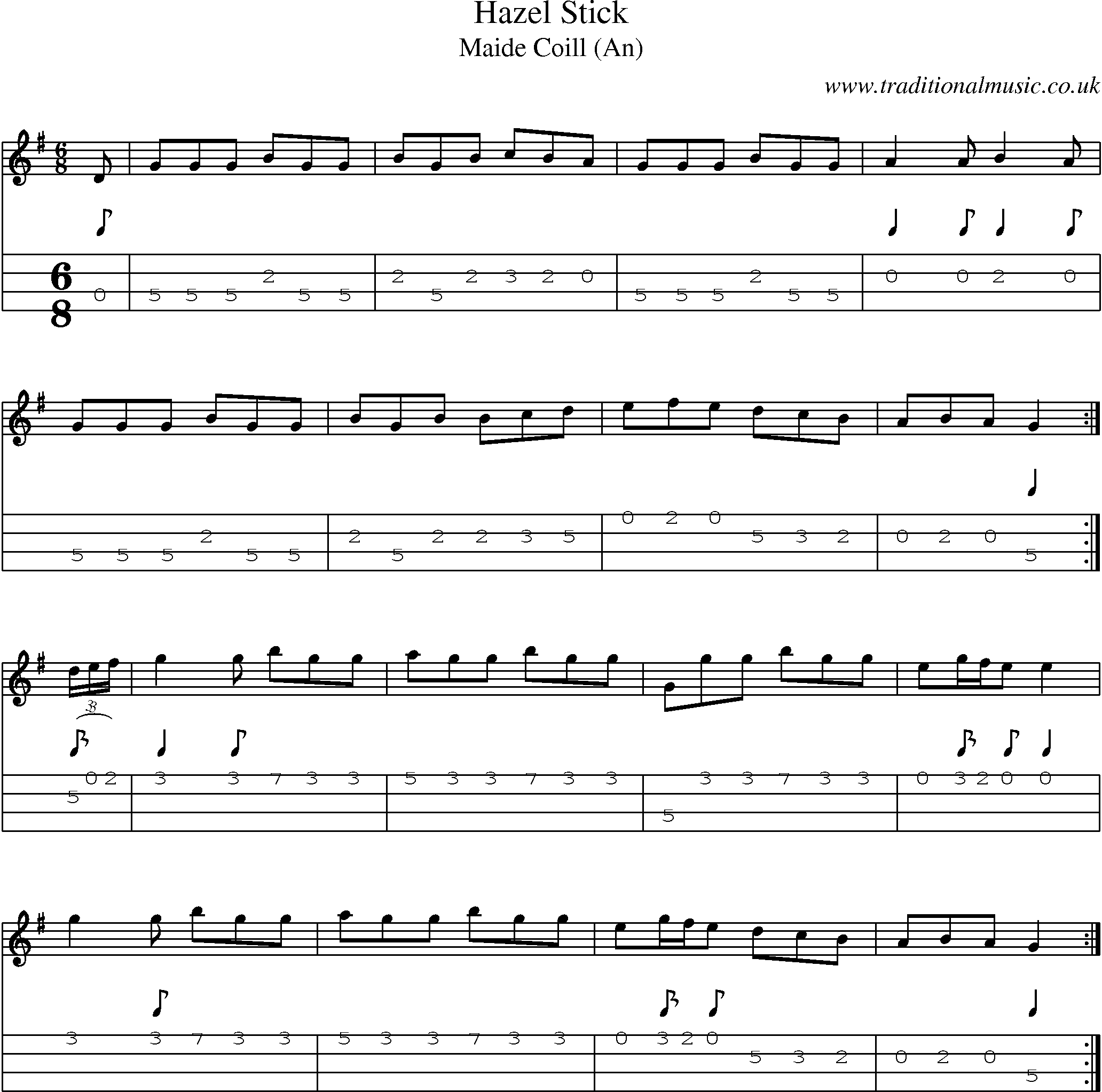 Music Score and Mandolin Tabs for Hazel Stick