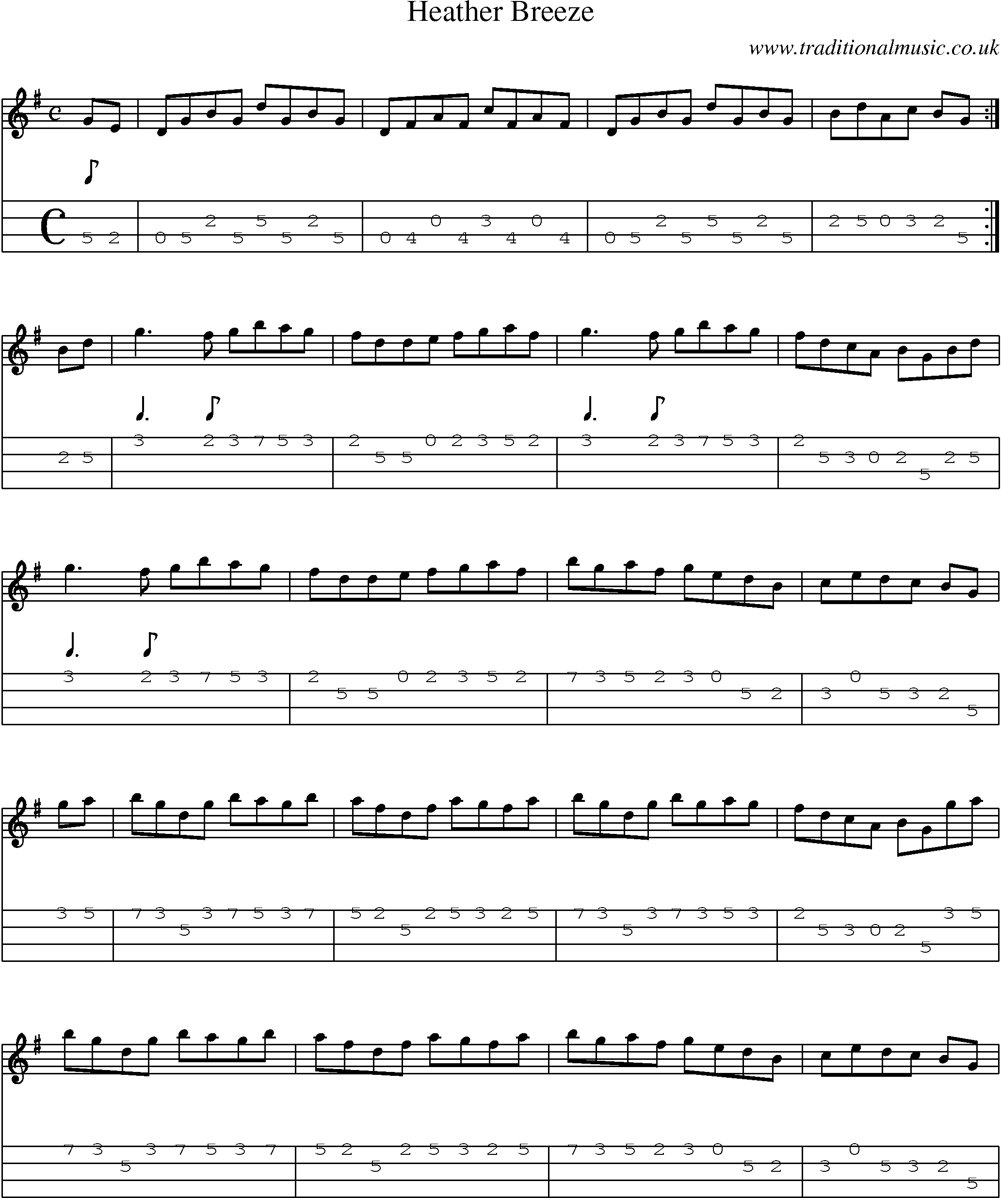 Music Score and Mandolin Tabs for Heather Breeze