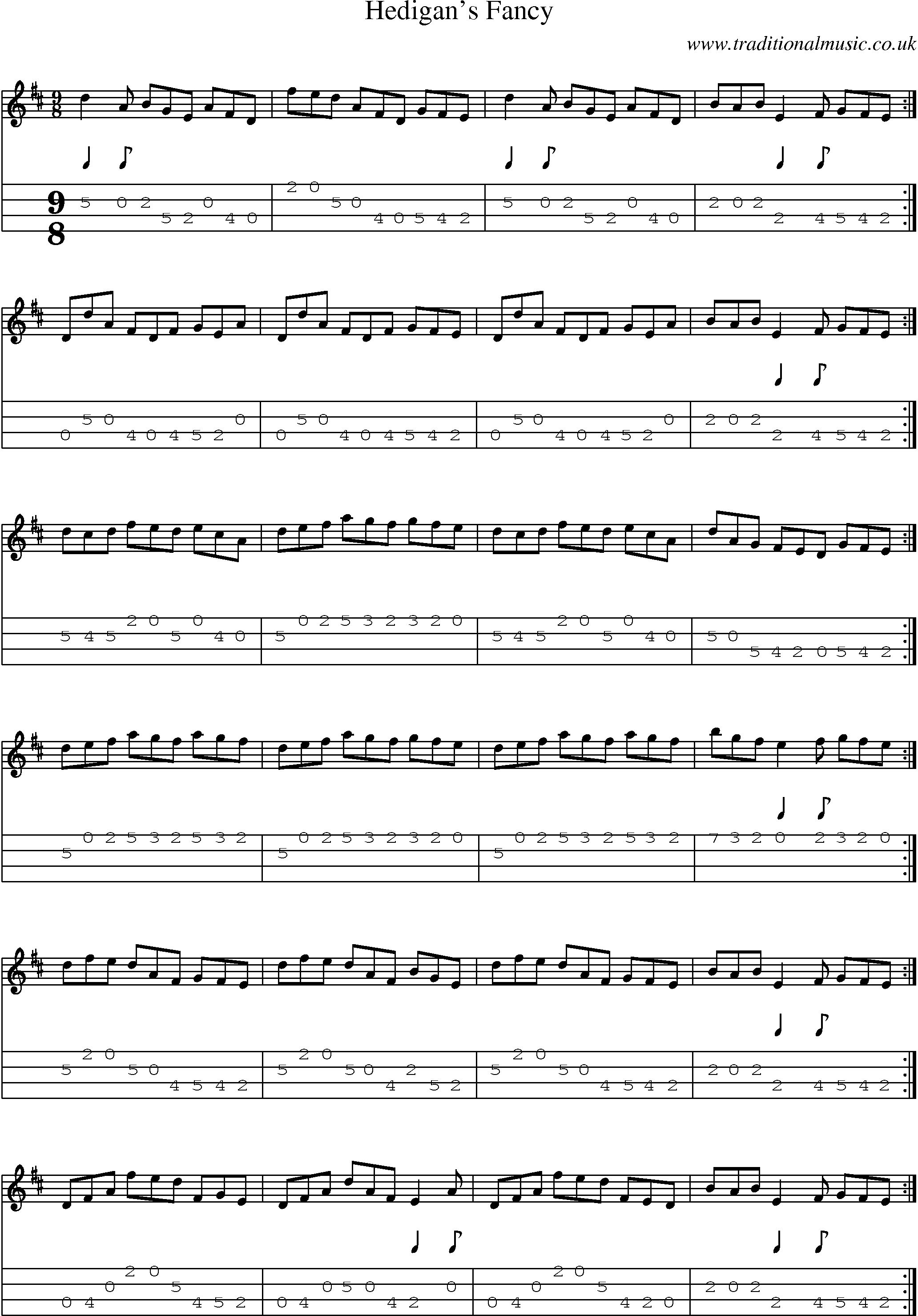 Music Score and Mandolin Tabs for Hedigans Fancy