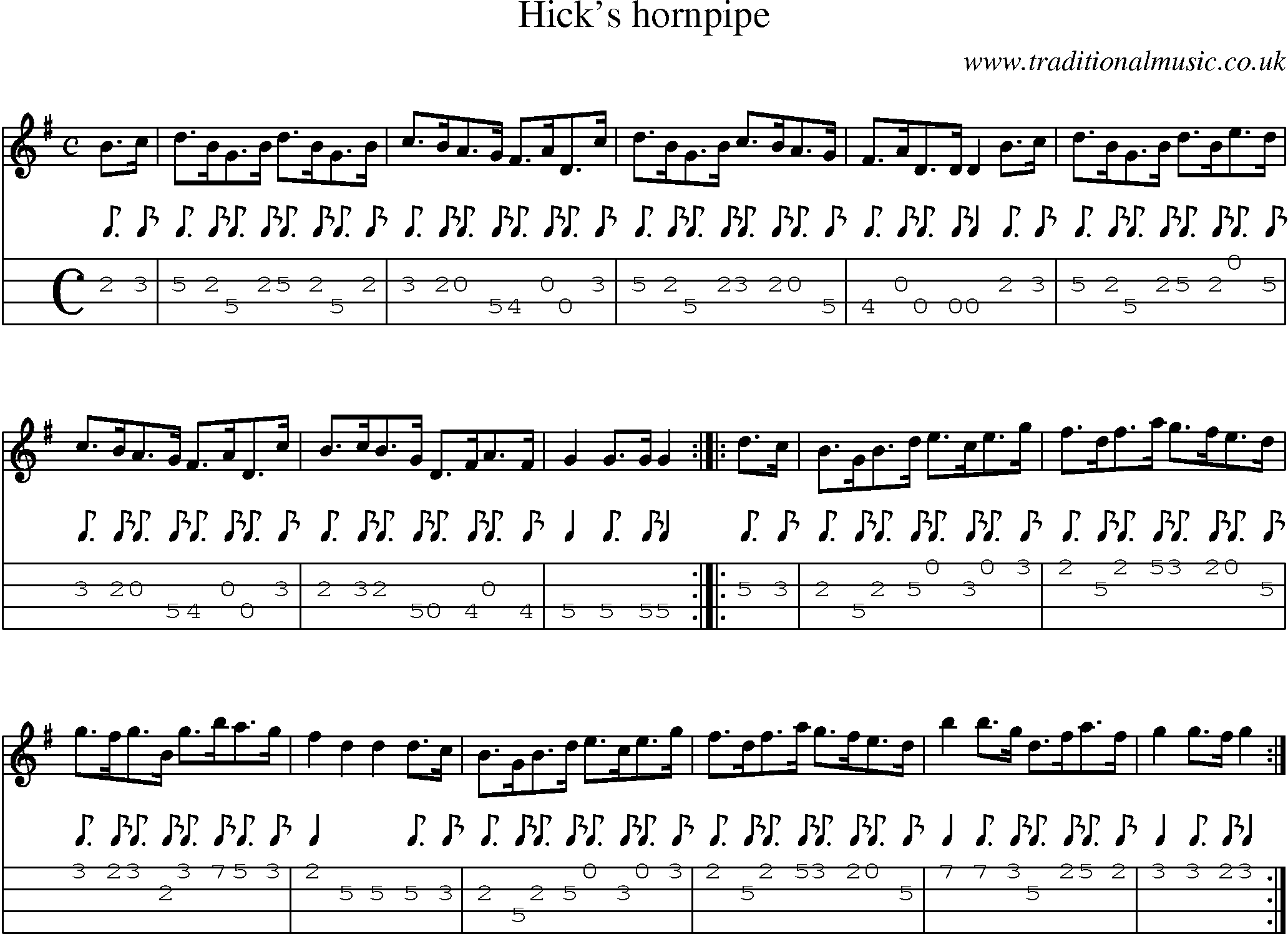Music Score and Mandolin Tabs for Hicks Hornpipe