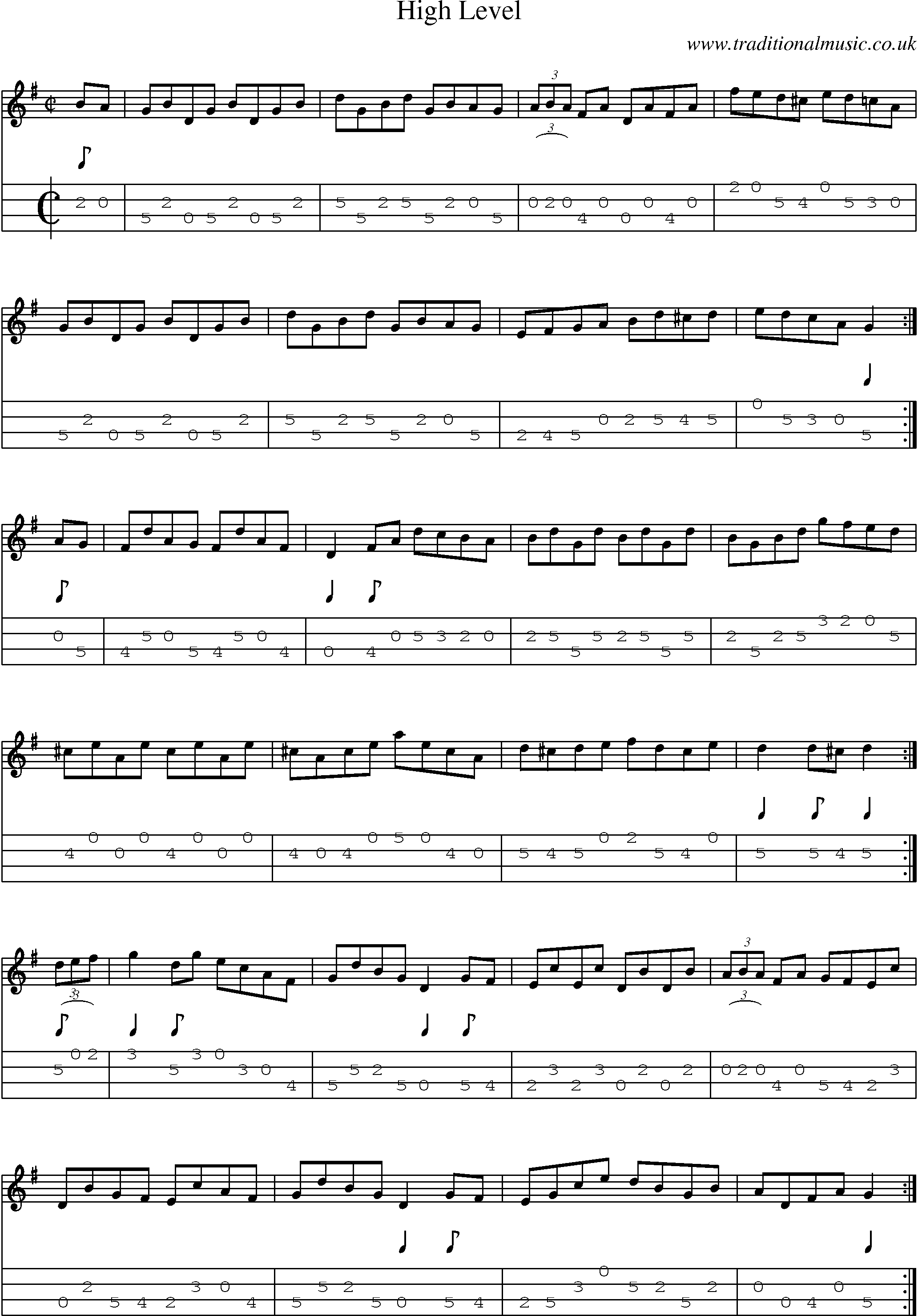 Music Score and Mandolin Tabs for High Level