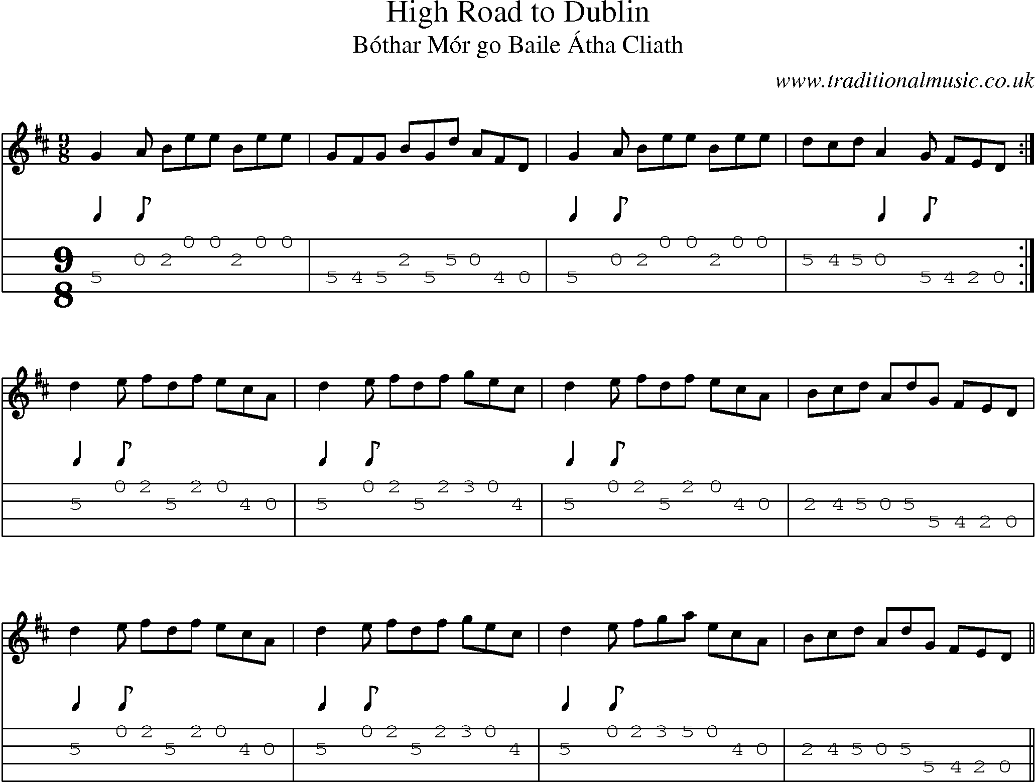 Music Score and Mandolin Tabs for High Road To Dublin