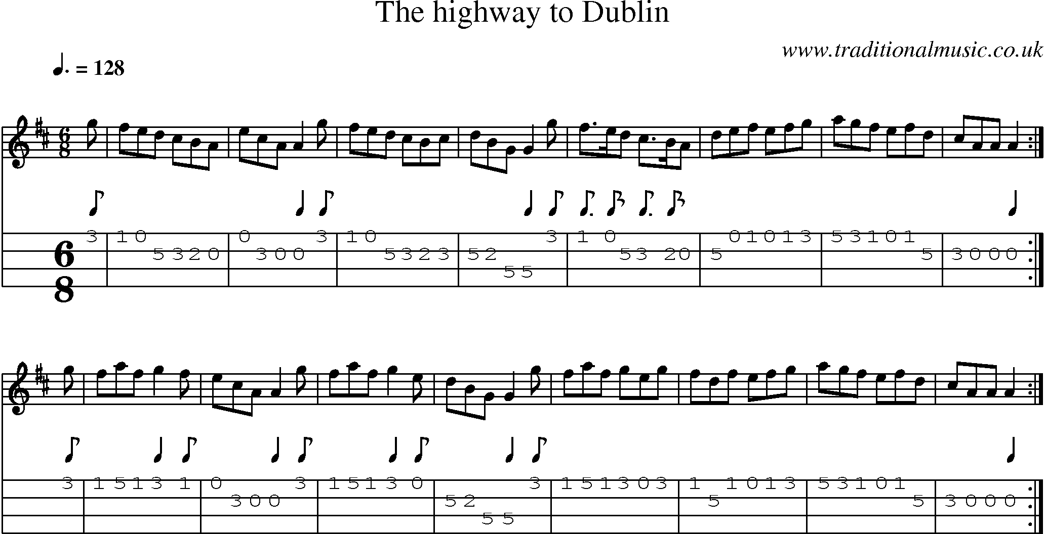 Music Score and Mandolin Tabs for Highway To Dublin