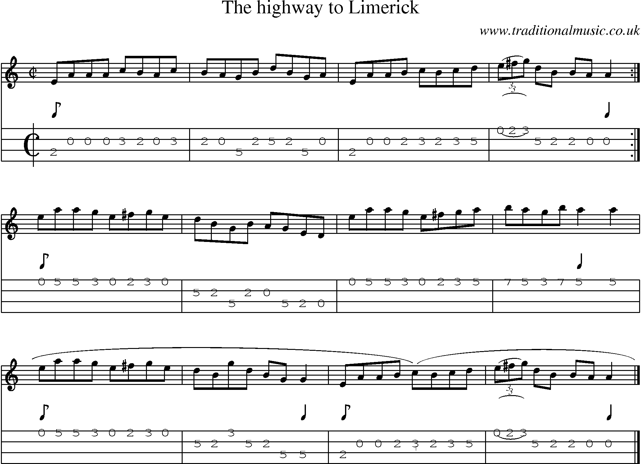 Music Score and Mandolin Tabs for Highway To Limerick