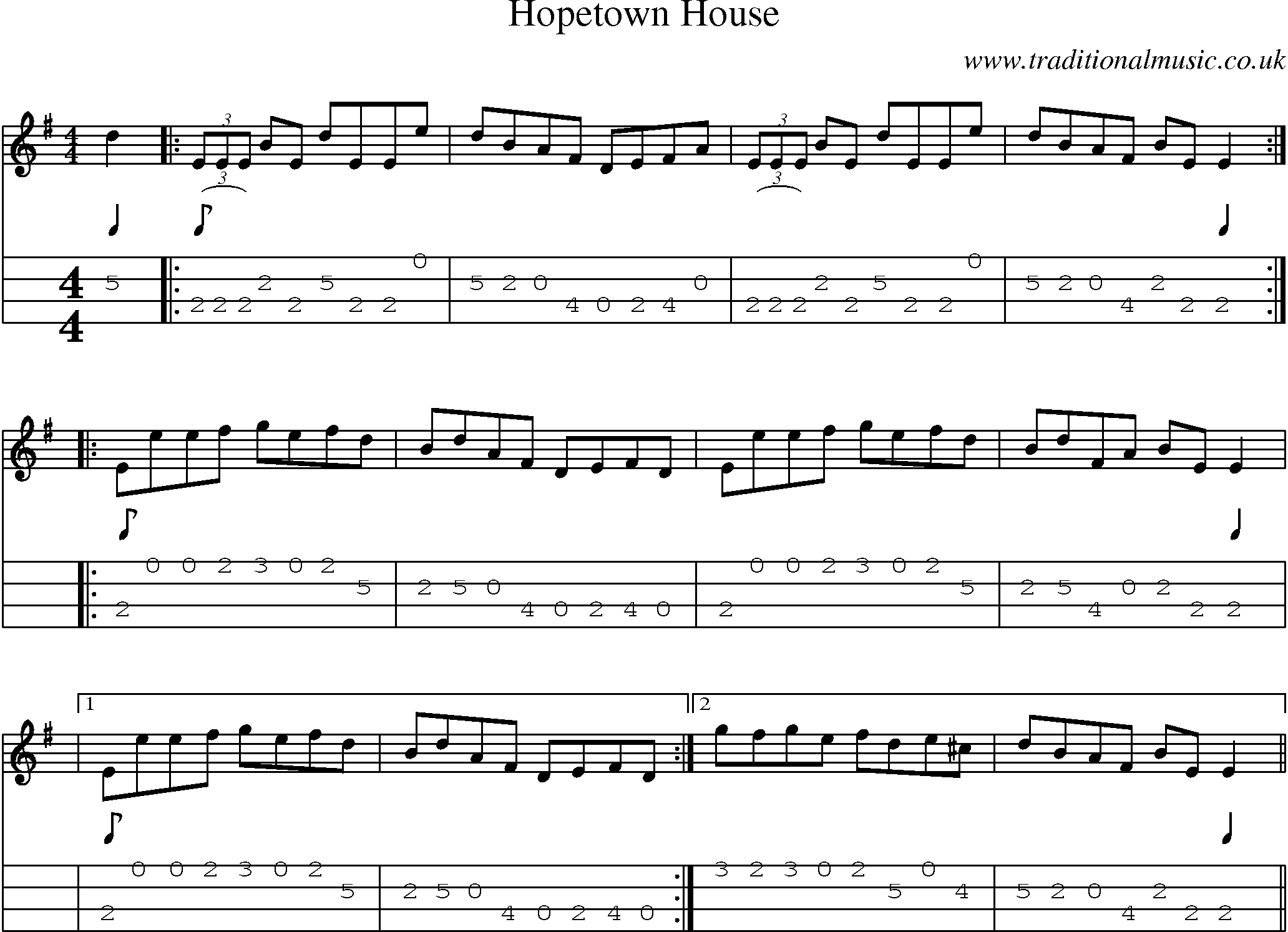 Music Score and Mandolin Tabs for Hopetown House