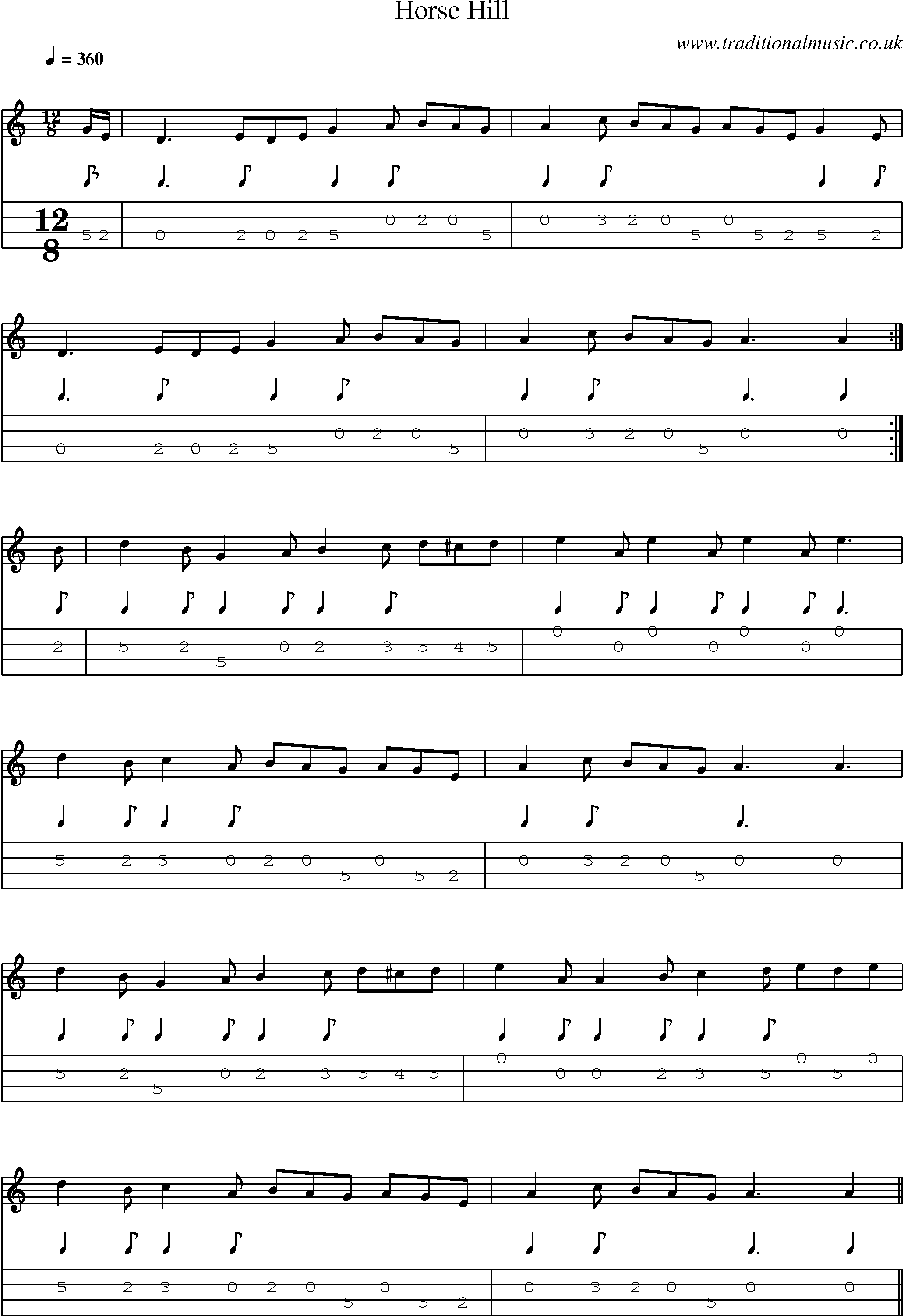 Music Score and Mandolin Tabs for Horse Hill