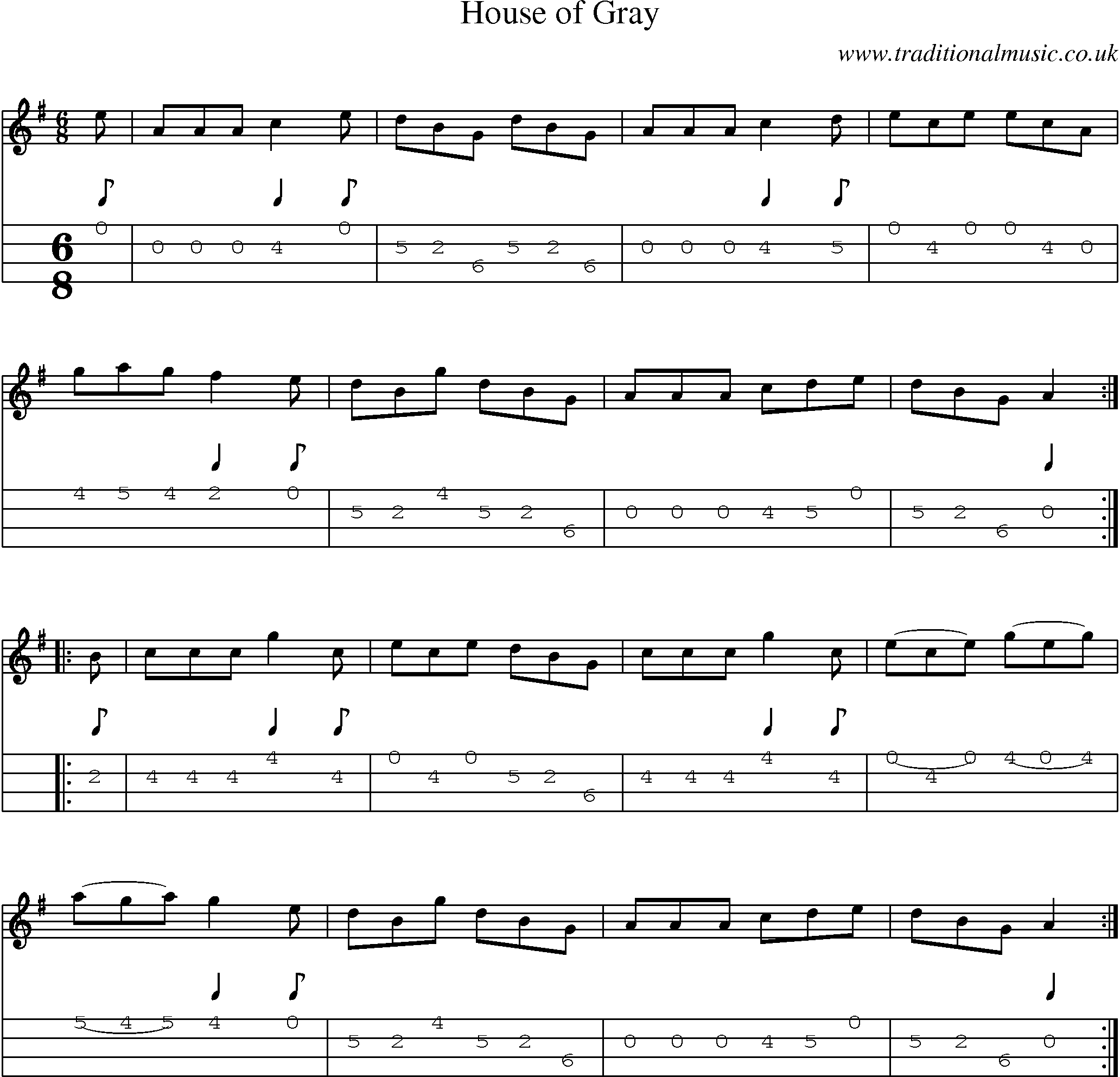 Music Score and Mandolin Tabs for House Of Gray
