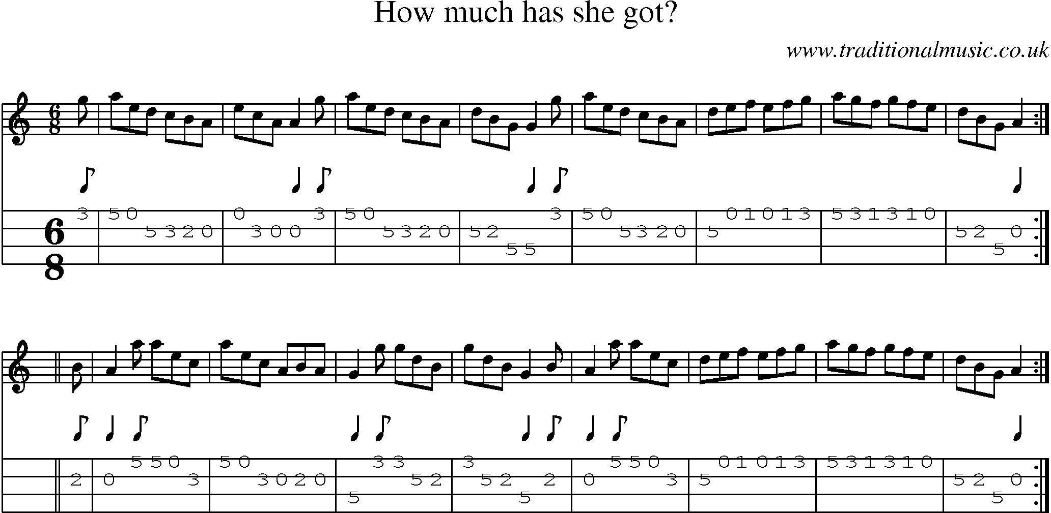 Music Score and Mandolin Tabs for How Much Has She Got