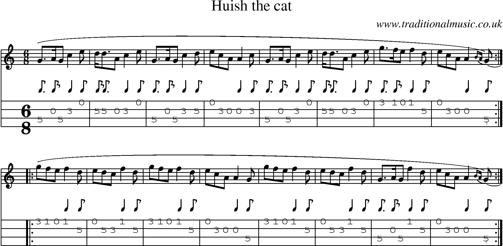 Music Score and Mandolin Tabs for Huish The Cat