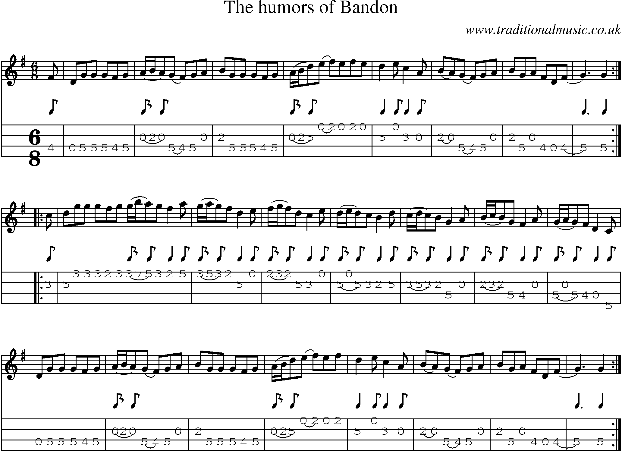 Music Score and Mandolin Tabs for Humors Of Bandon