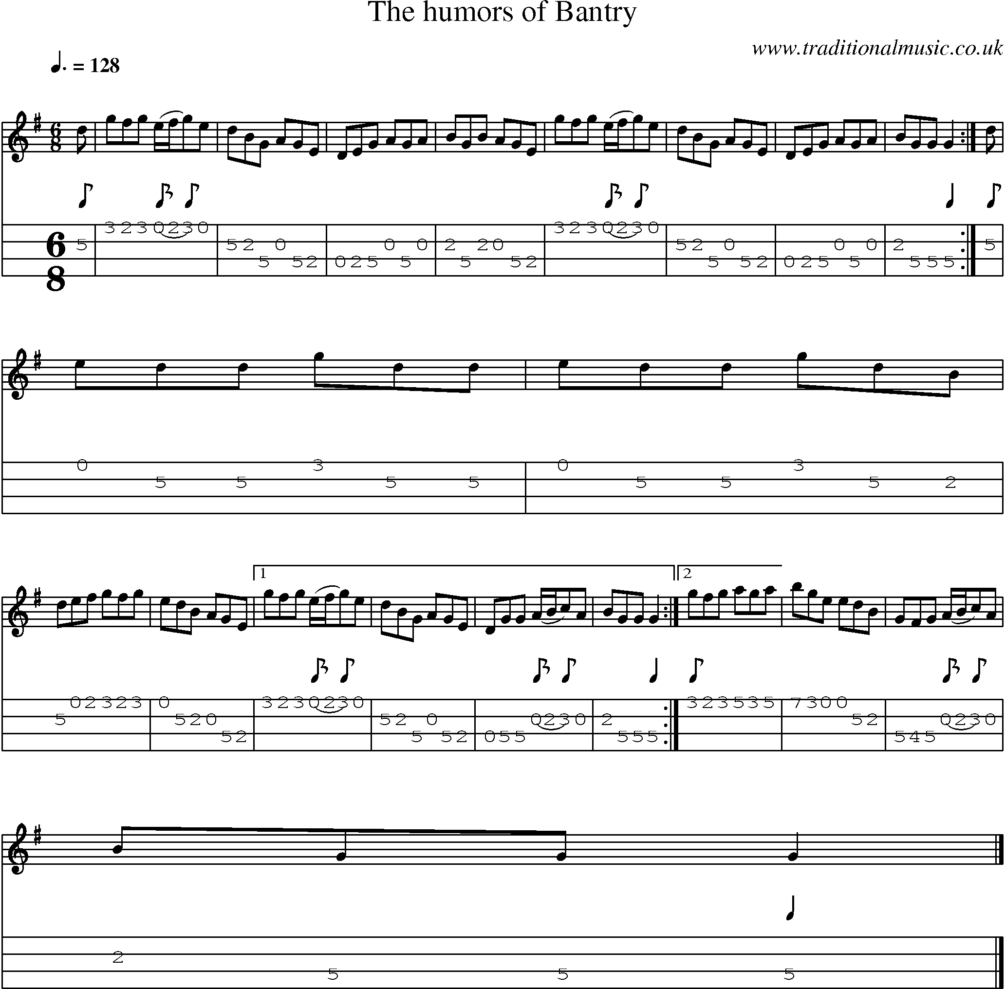 Music Score and Mandolin Tabs for Humors Of Bantry