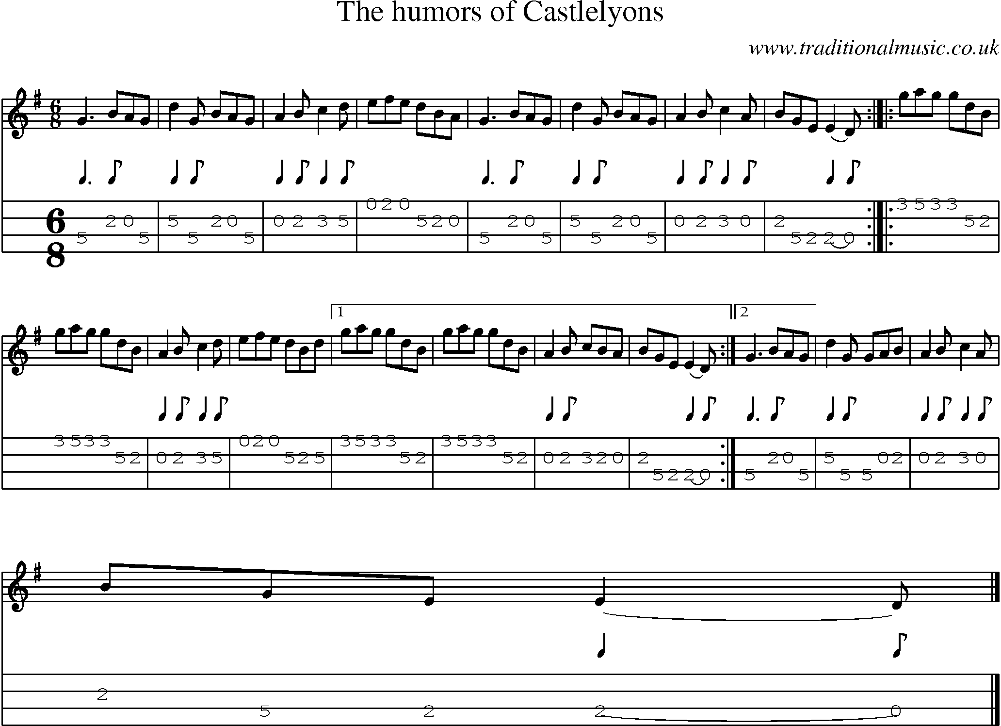 Music Score and Mandolin Tabs for Humors Of Castlelyons