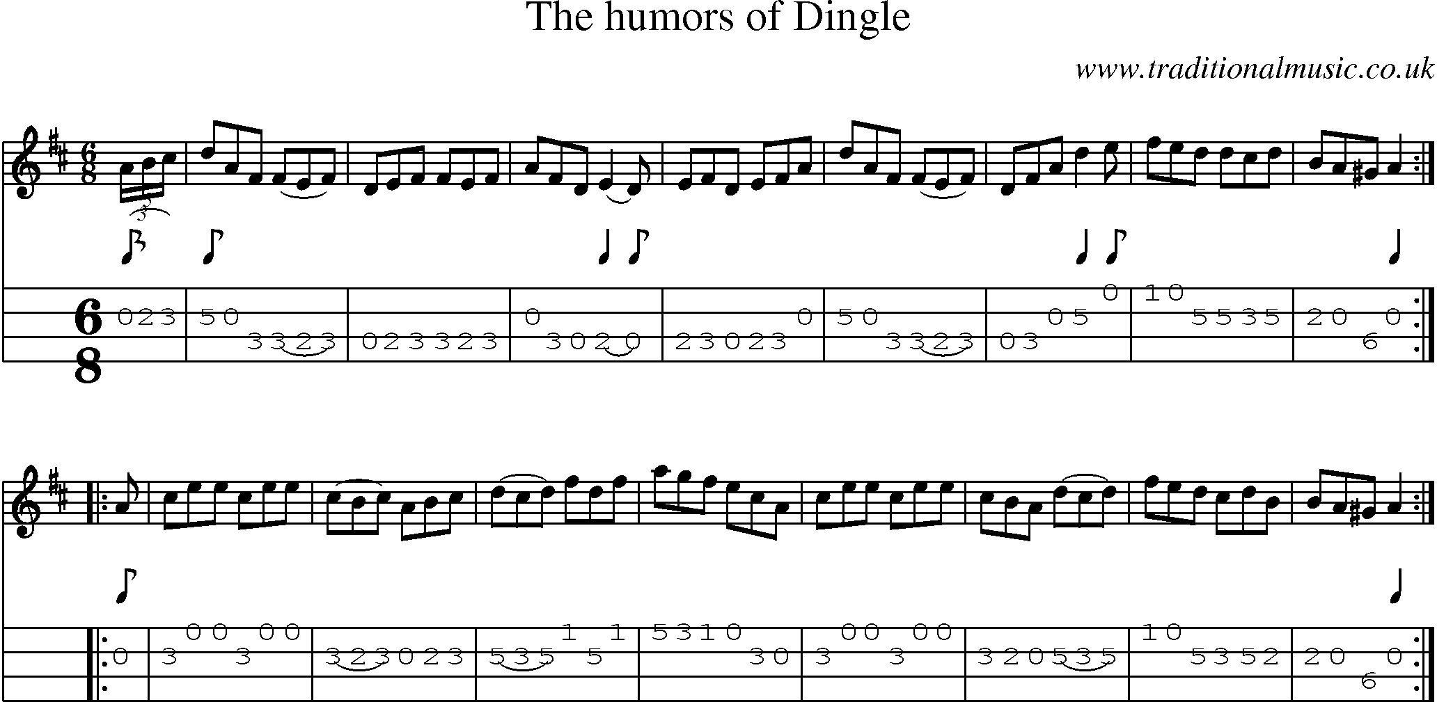 Music Score and Mandolin Tabs for Humors Of Dingle